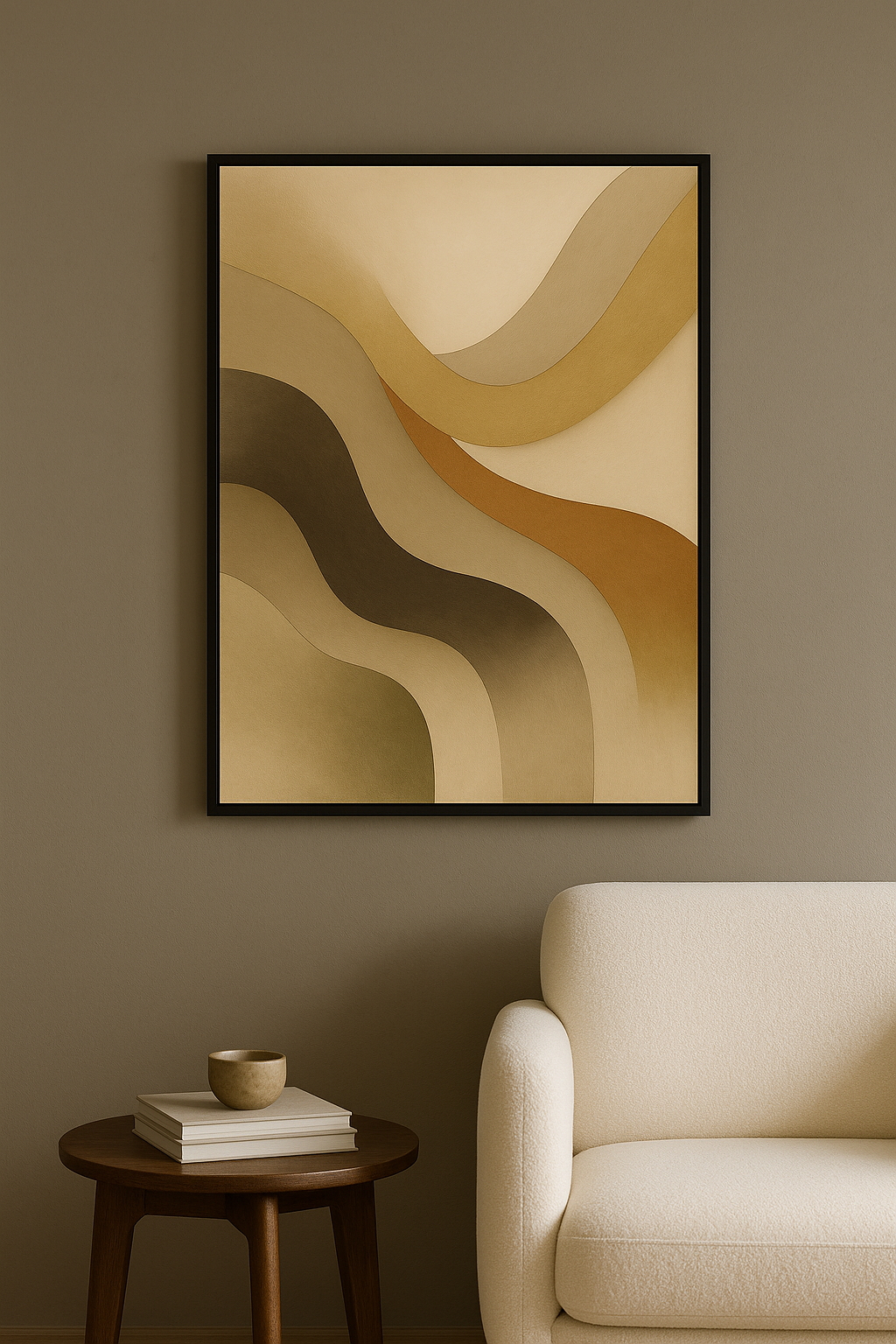 Abstracte wanddecoratie in zwarte lijst in woonkamer