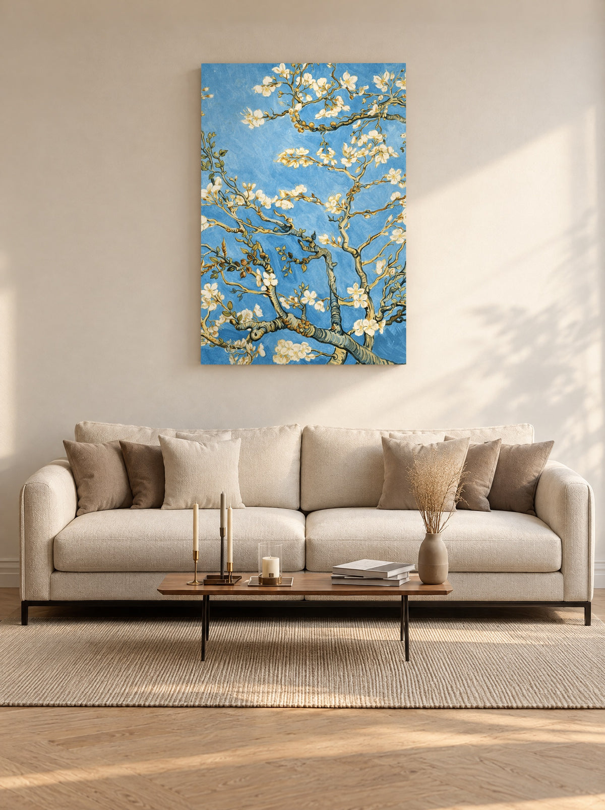 Amandelbloesem als canvas zonder lijst aan de muur