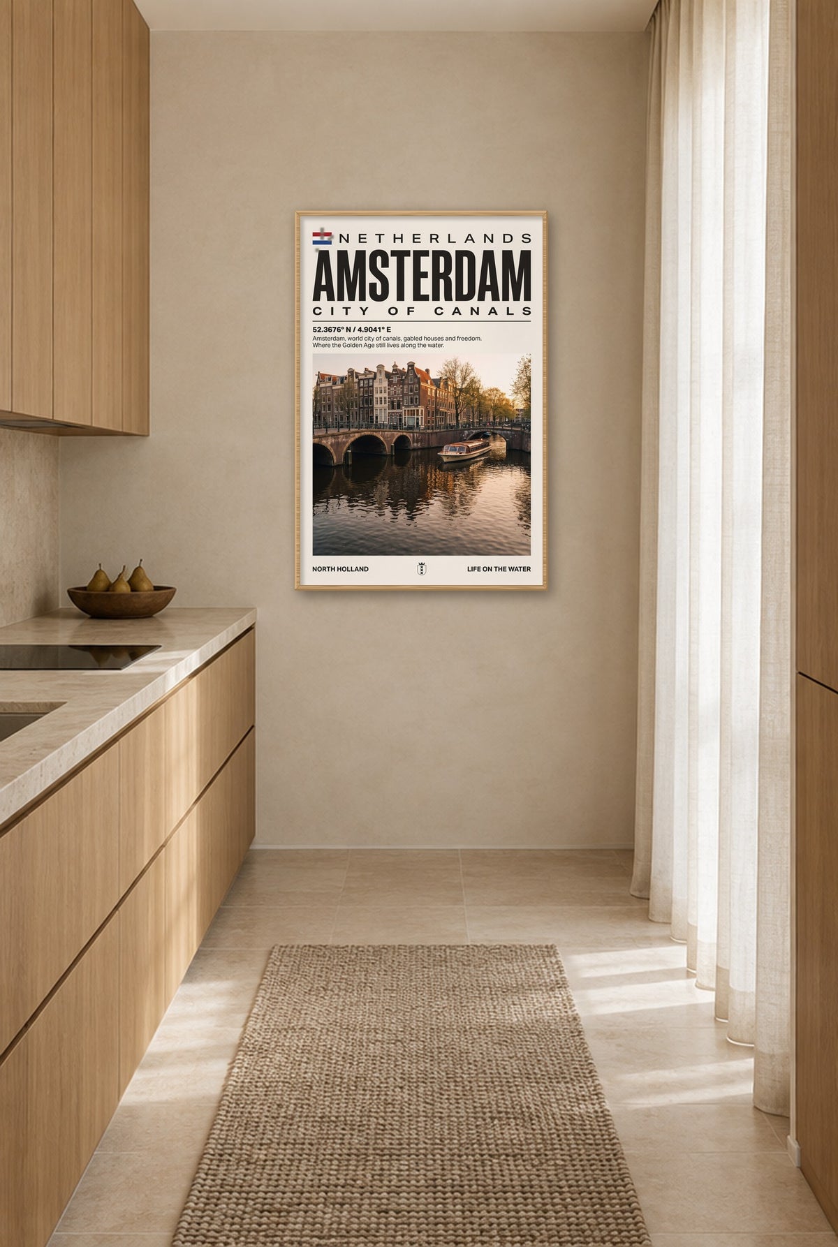 Amsterdam Stad van Grachten Wandbild mit Naturholzrahmen an der Wand in der Küche