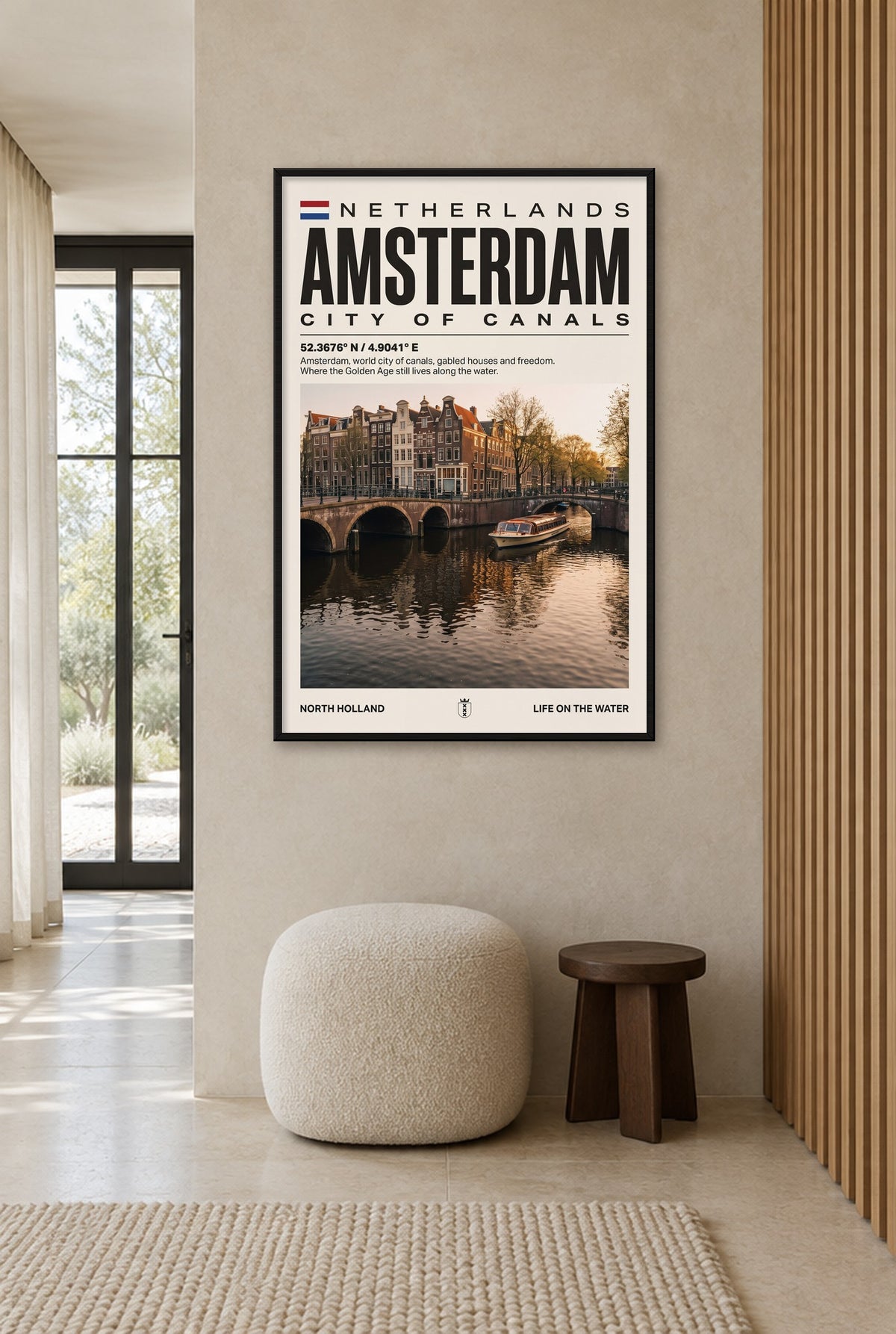 Amsterdam Stad van Grachten Wandbild mit schwarzem Rahmen an der Wand im Flur