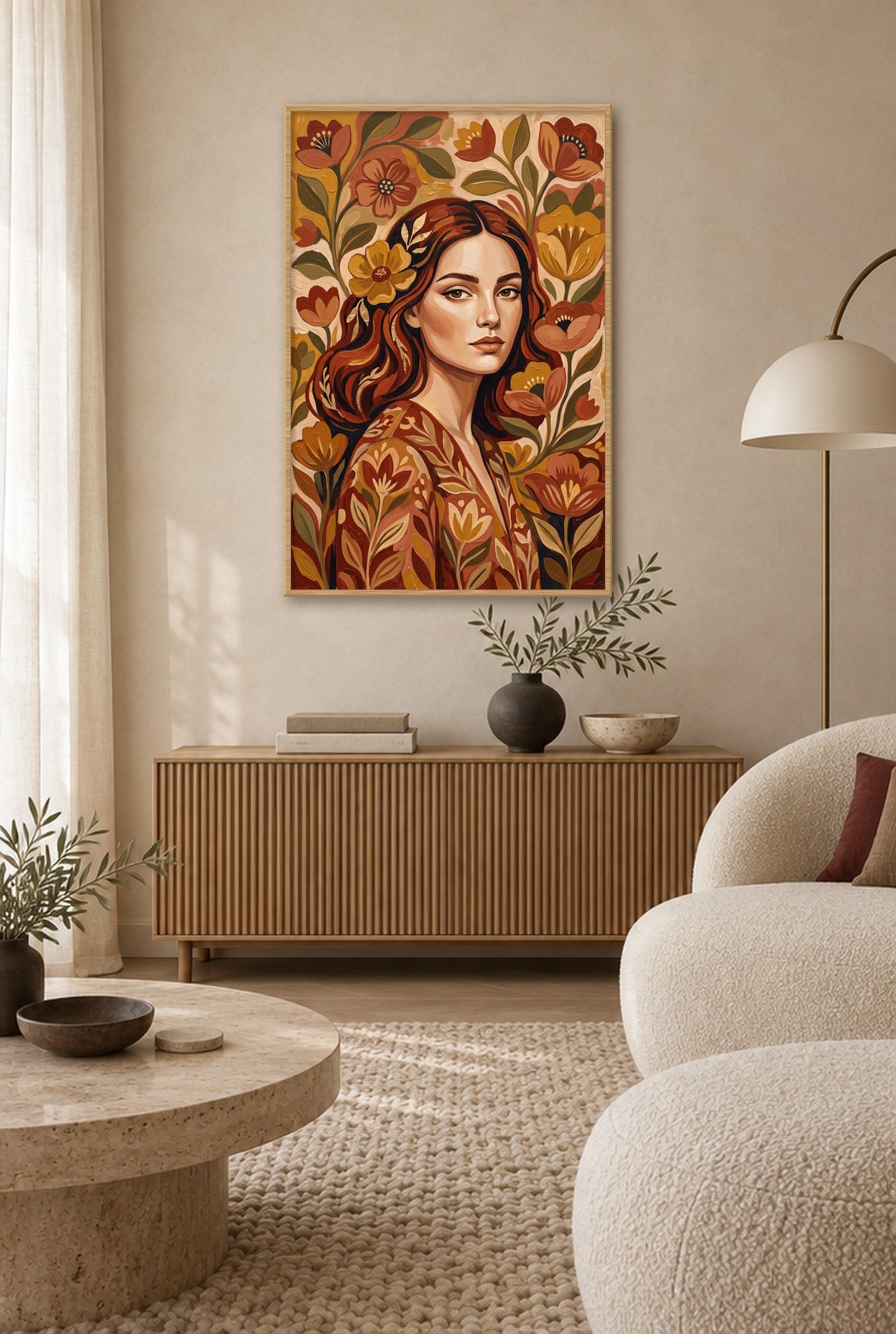 Anna Gaze wall art with natural wood frame on the wall in the living room