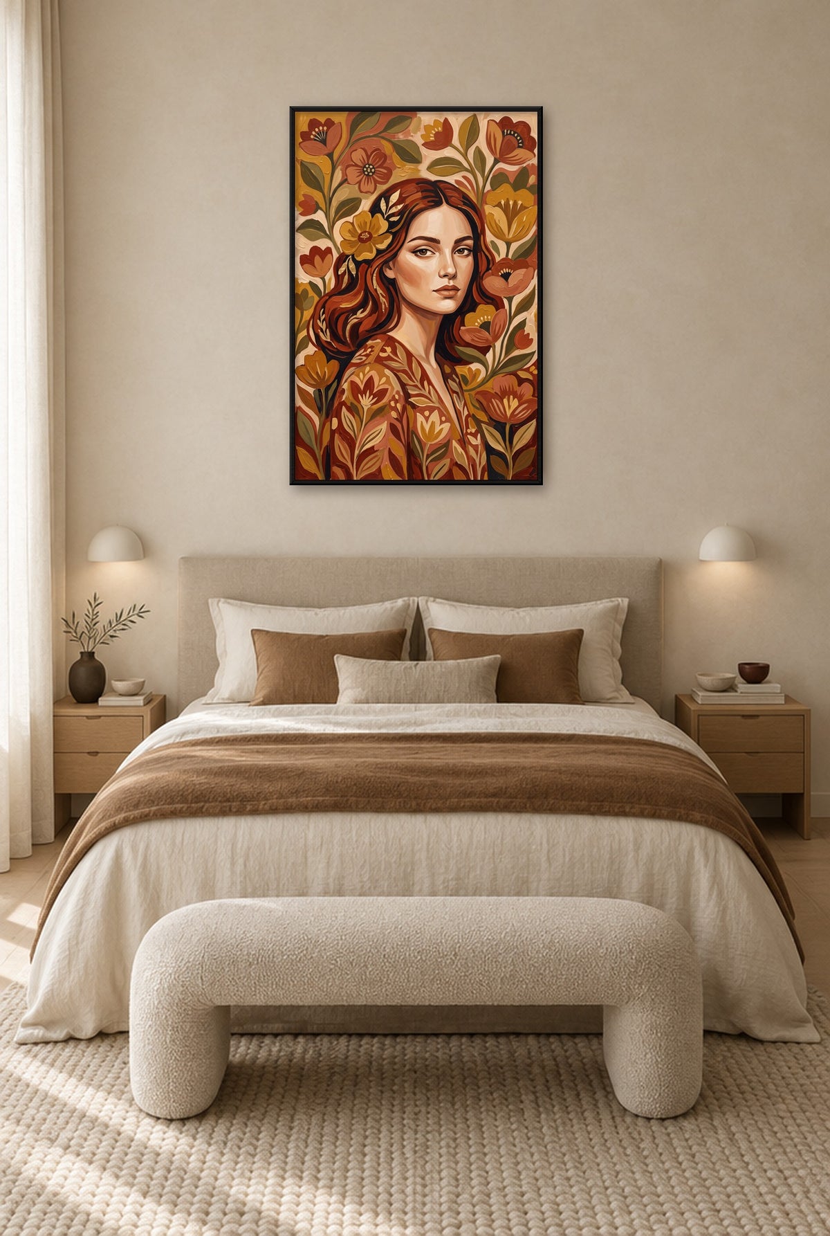 Anna Gaze wall art with black frame on the wall in the bedroom