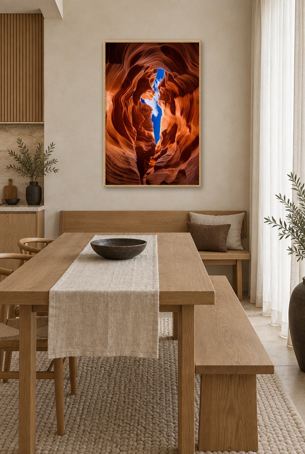 Antelope Canyon met Hemelspleet Wandbild mit Naturholzrahmen an der Wand in der Küche
