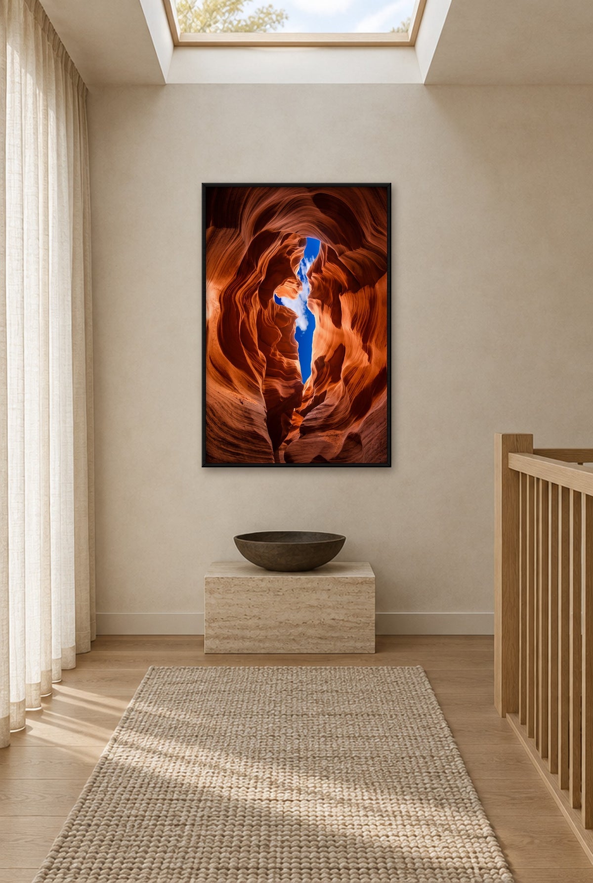 Antelope Canyon met Hemelspleet Wandbild mit schwarzem Rahmen an der Wand im Flur