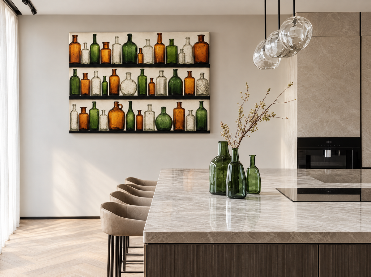 Antieke Flessen op Planken als canvas zonder lijst aan de muur