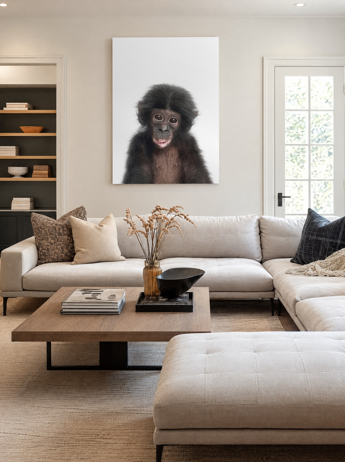 Apenstreken met Oogcontact als canvas zonder lijst aan de muur