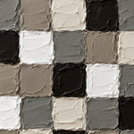 Raster aus dick gemalten Quadraten in Schwarz, Weiß, Creme, Taupe und Grau mit Relief