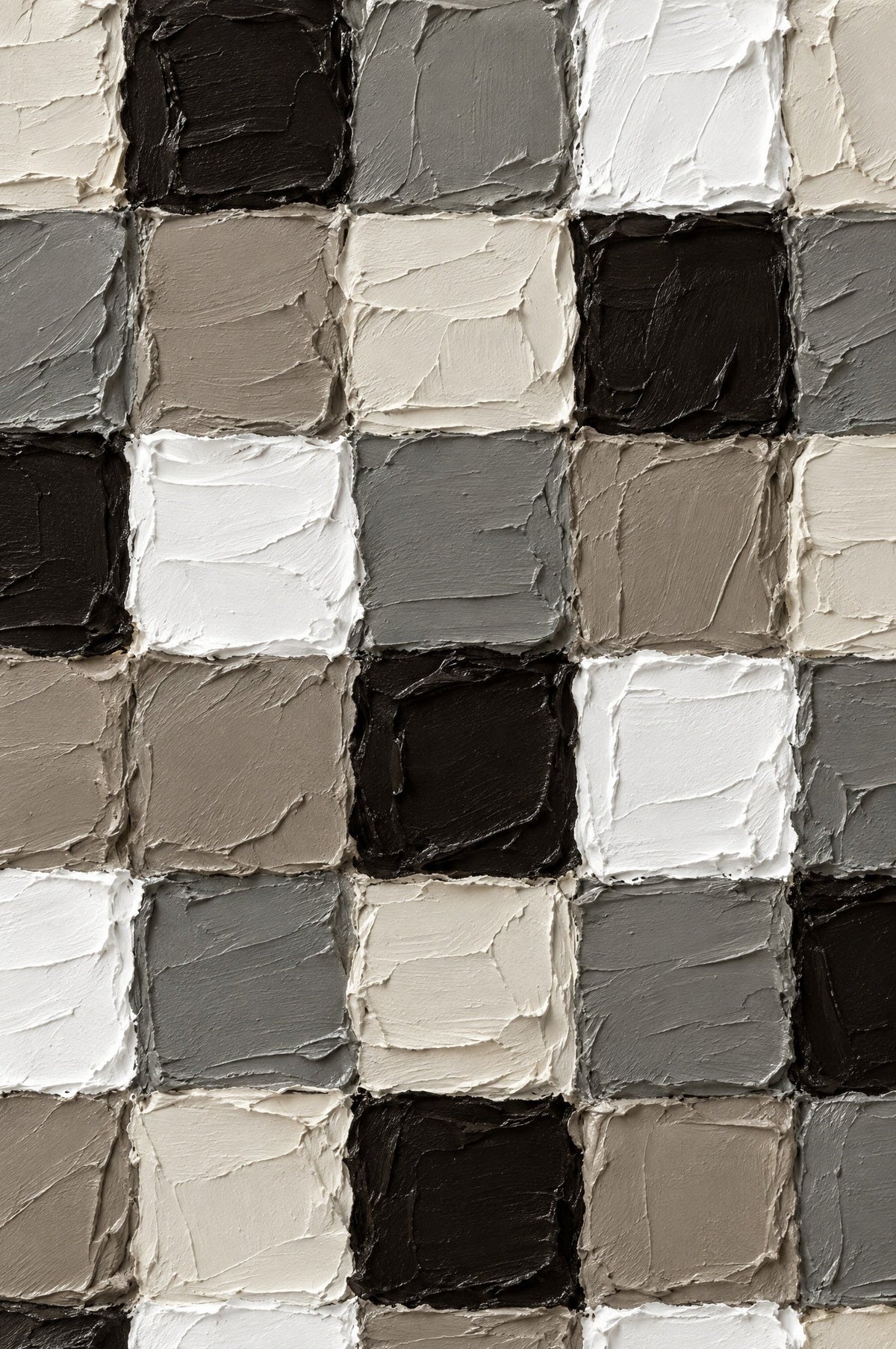 Raster aus dick gemalten Quadraten in Schwarz, Weiß, Creme, Taupe und Grau mit Relief