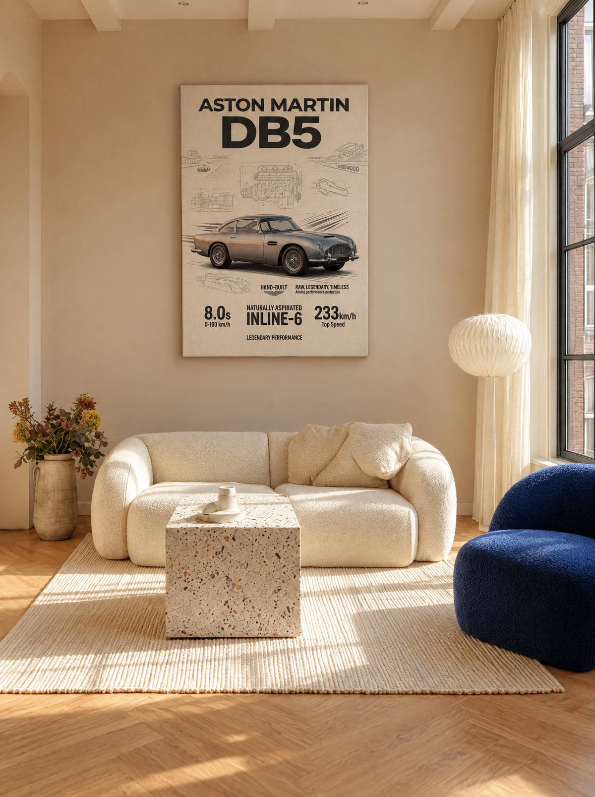 Aston Martin DB5 als canvas zonder lijst aan de muur