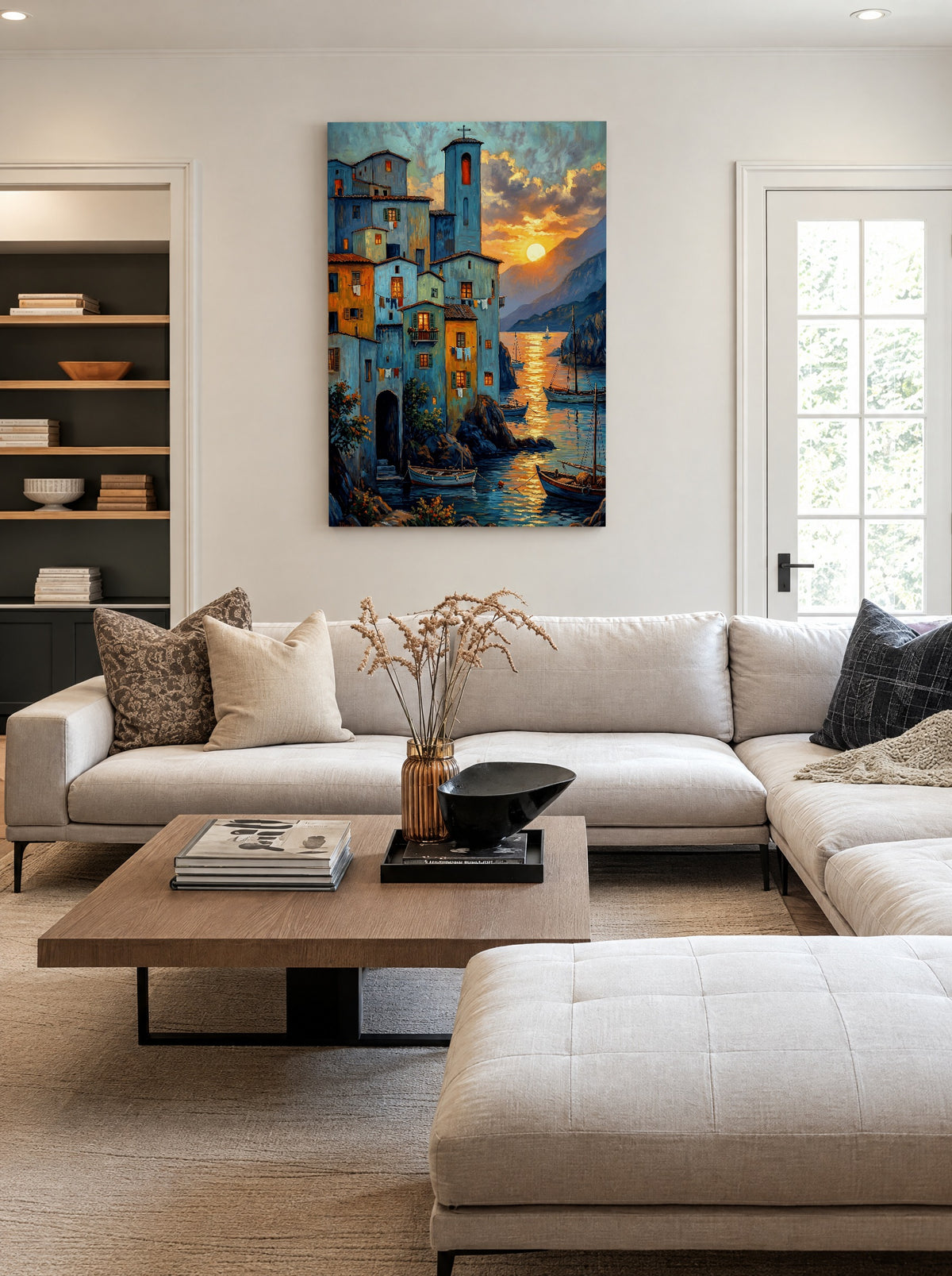 Avondgloed aan de Haven als canvas zonder lijst aan de muur
