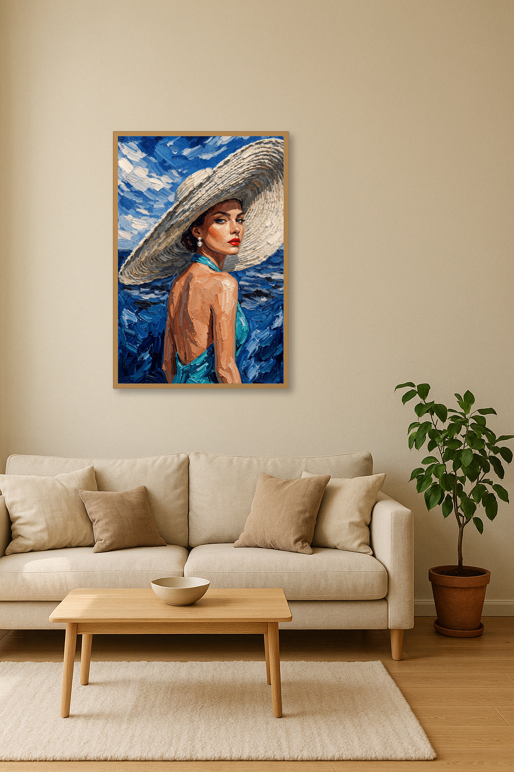 Azure Reverie Schilderij - interieurmockup eiken lijst