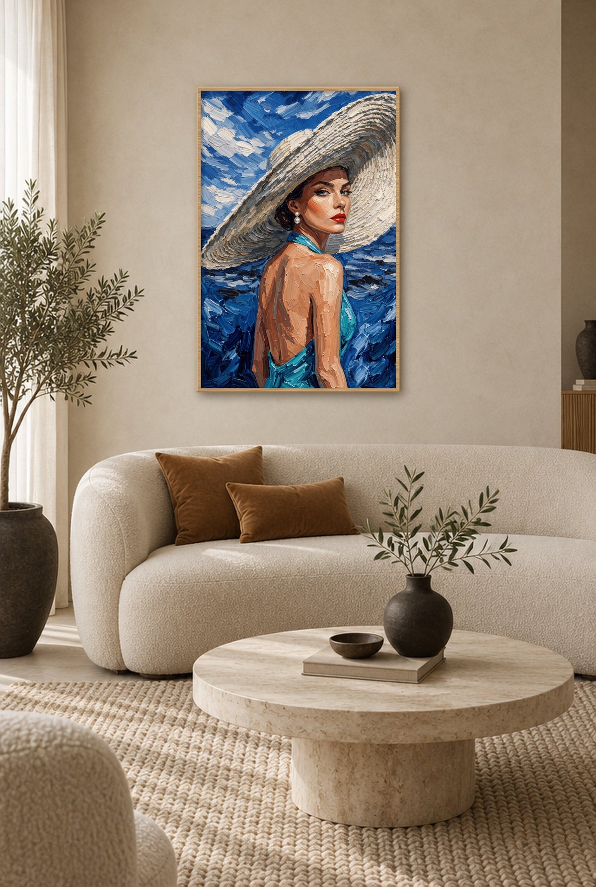 Azure Reverie Wandbild mit Naturholzrahmen an der Wand im Wohnzimmer