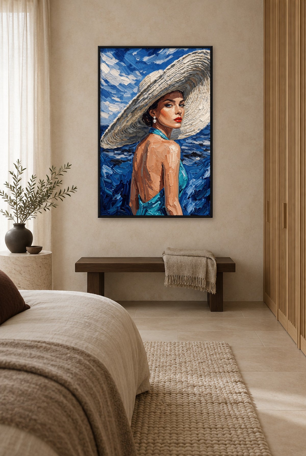 Azure Reverie Wandbild mit schwarzem Rahmen an der Wand im Schlafzimmer