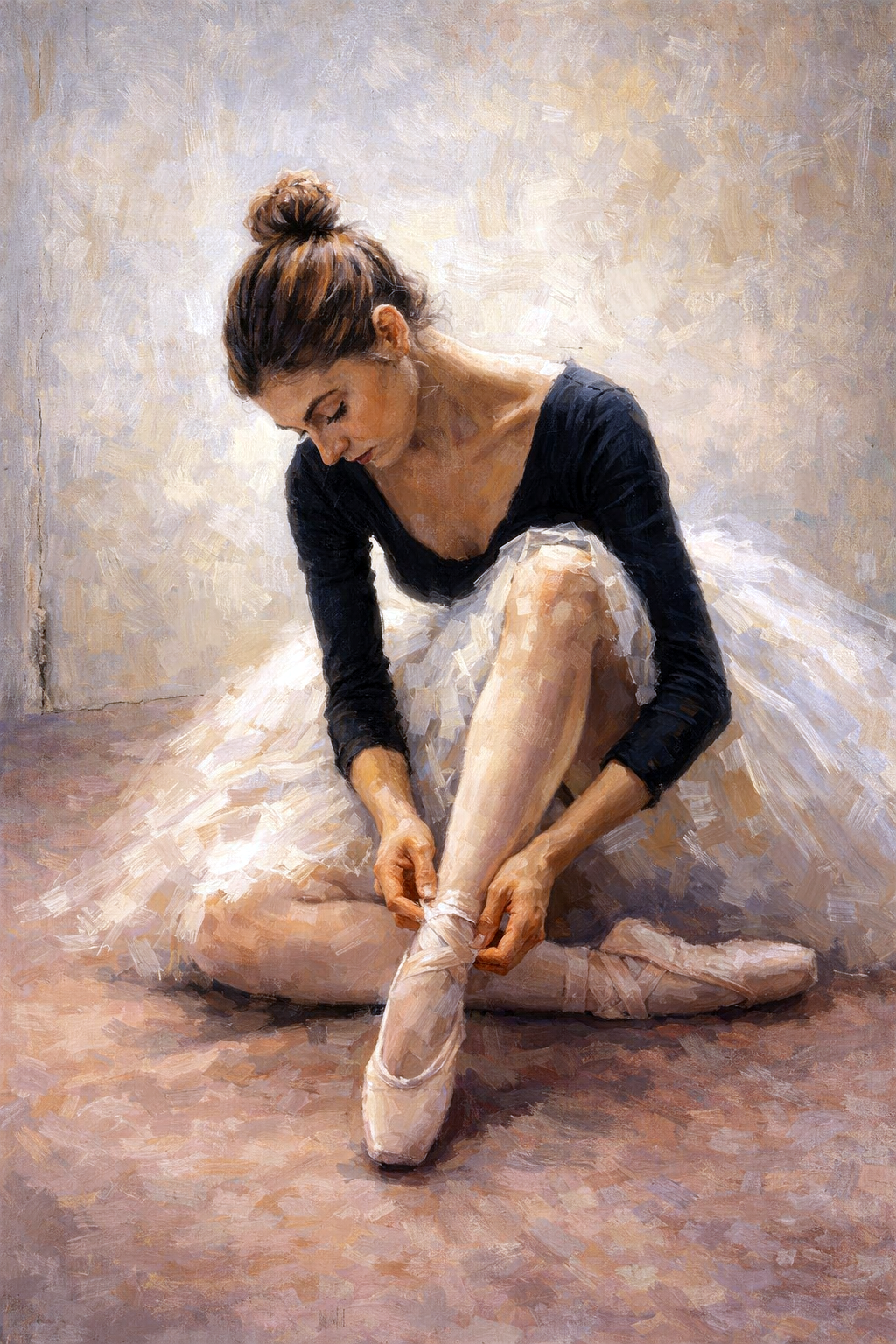 Schilderachtig portret van een ballerina die haar spitzen strikt in zachte neutrale tinten