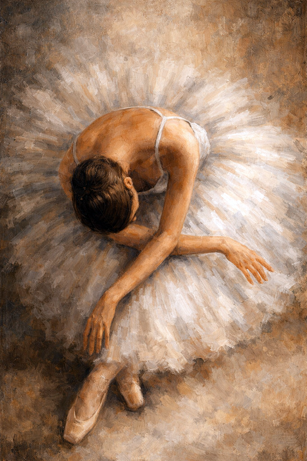 Schilderachtig bovenaanzicht van een ballerina in witte tutu met sierlijke houding