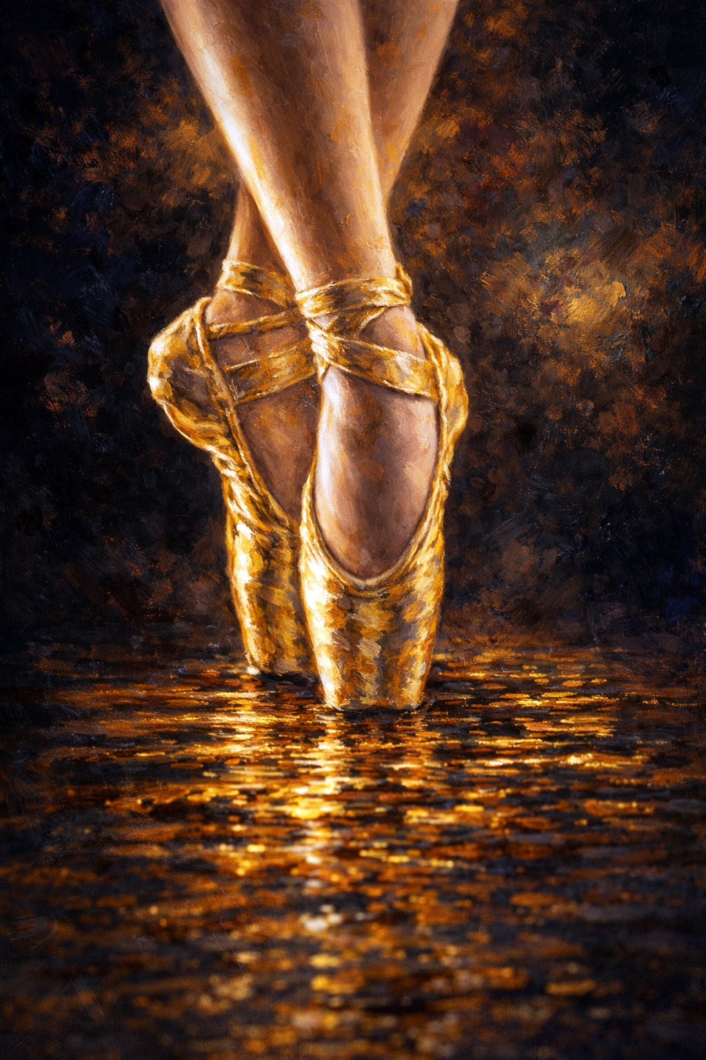 Schilderachtig detail van ballerina voeten op spitzen in warme gouden verlichting