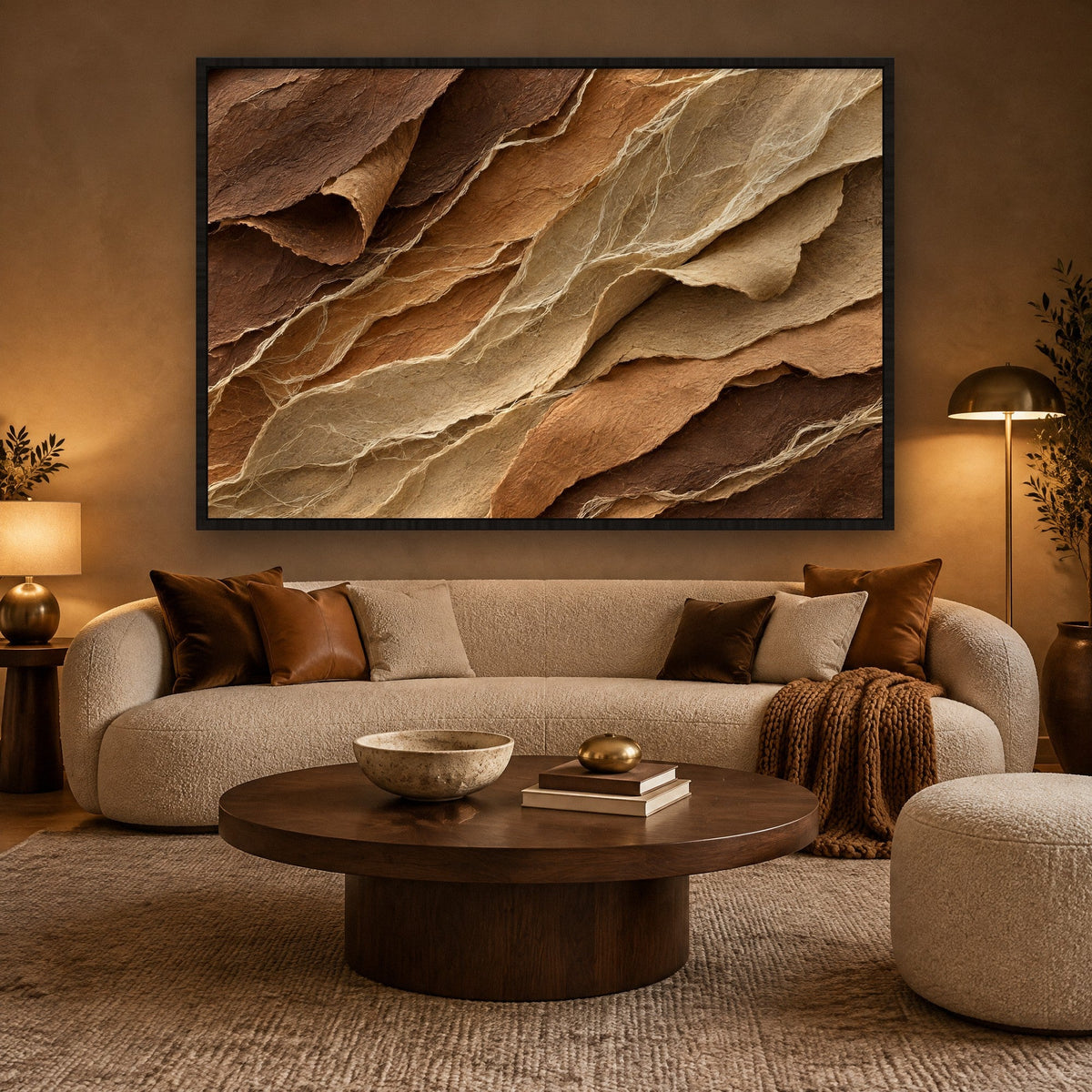 Geschichtete Rinde in Cognac Wandbild mit schwarzem Rahmen an der Wand im Wohnzimmer