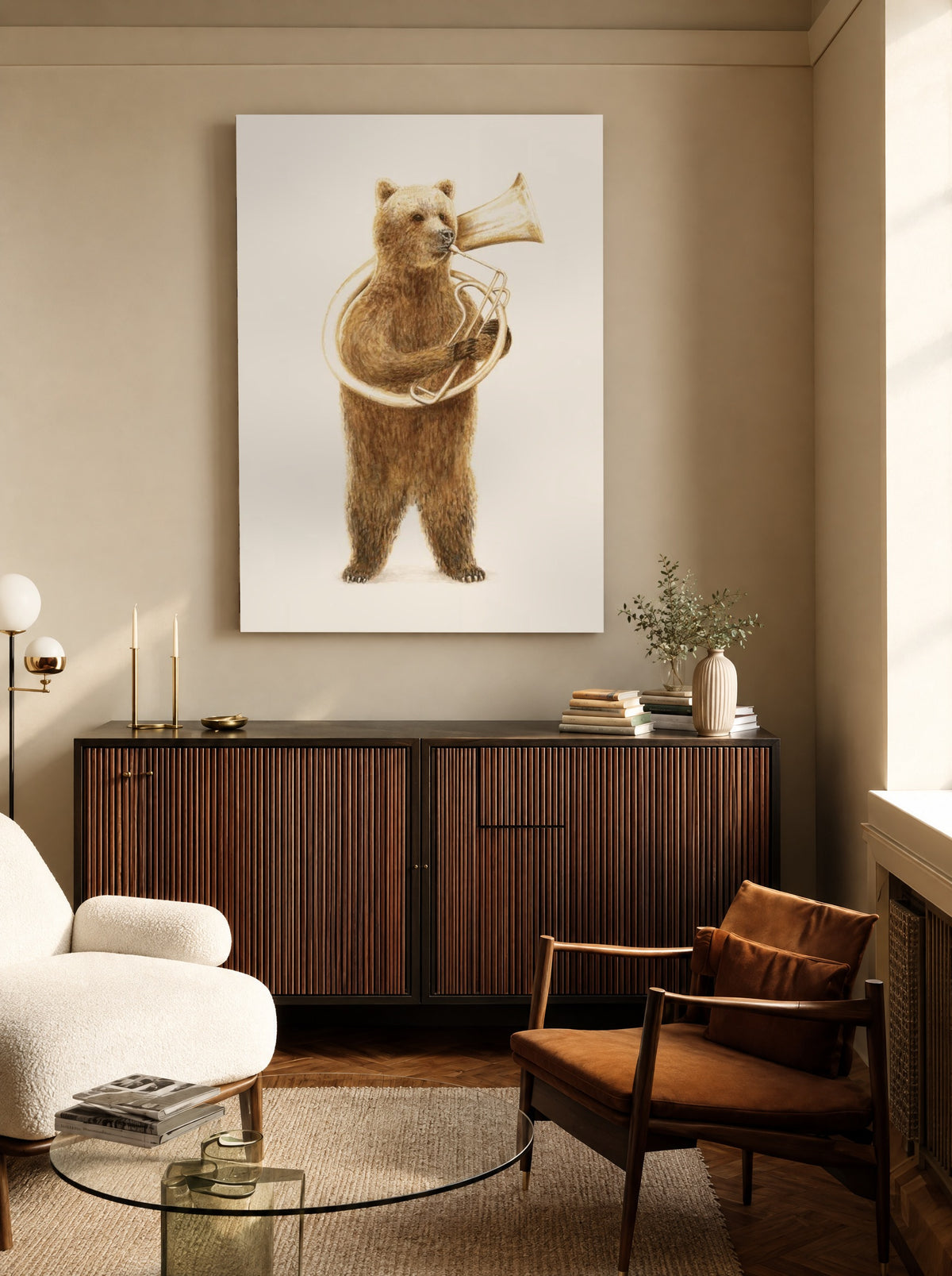 Beer met Brass Beats als canvas zonder lijst aan de muur