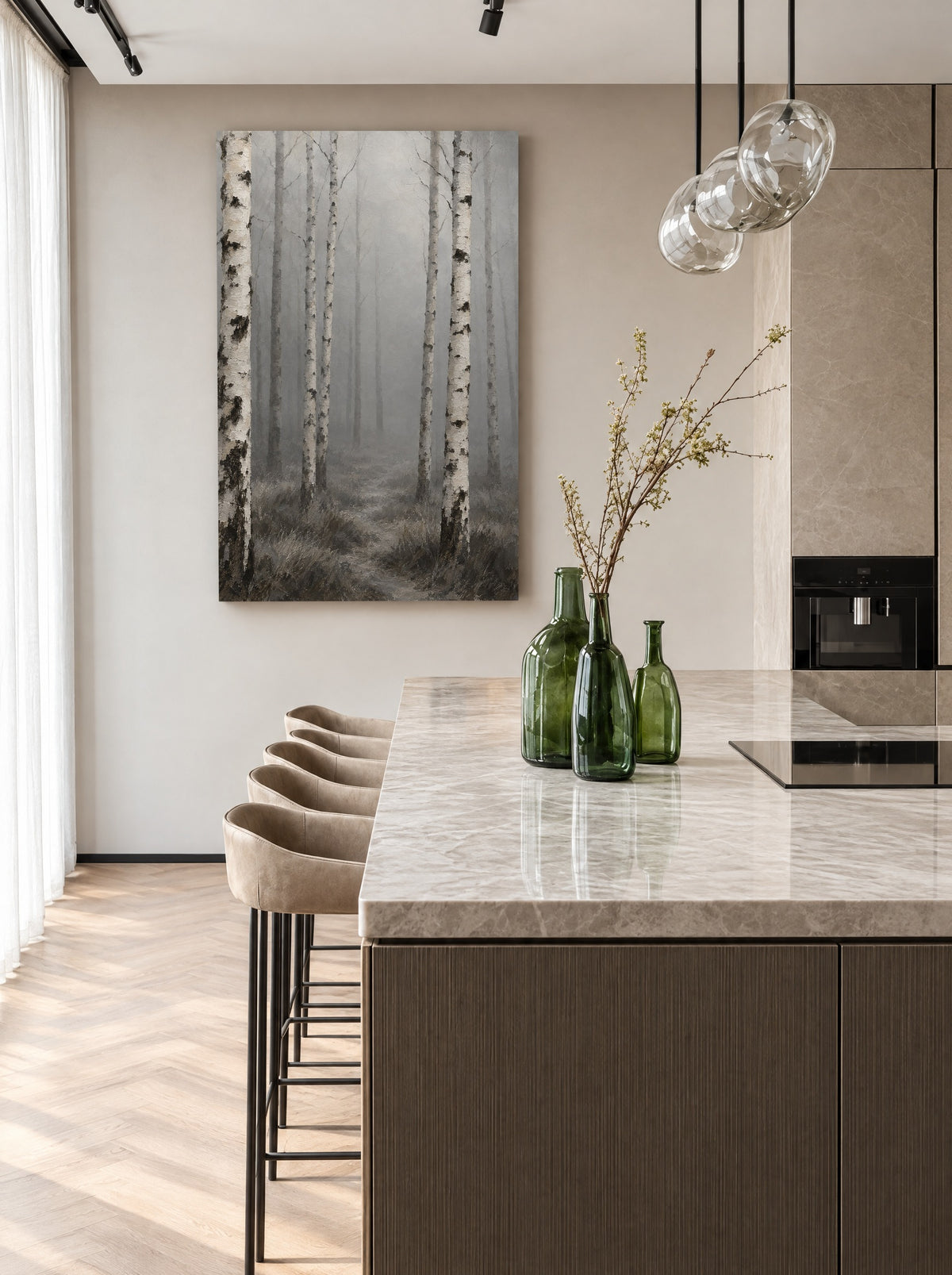 Berkenbos in Ochtendmist als canvas zonder lijst aan de muur
