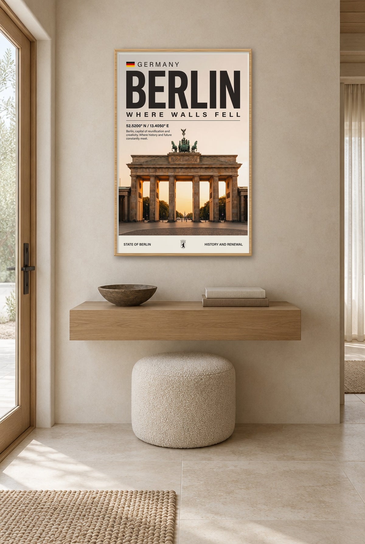 Berlijn Waar Muren Vielen Wandbild mit Naturholzrahmen an der Wand im Flur