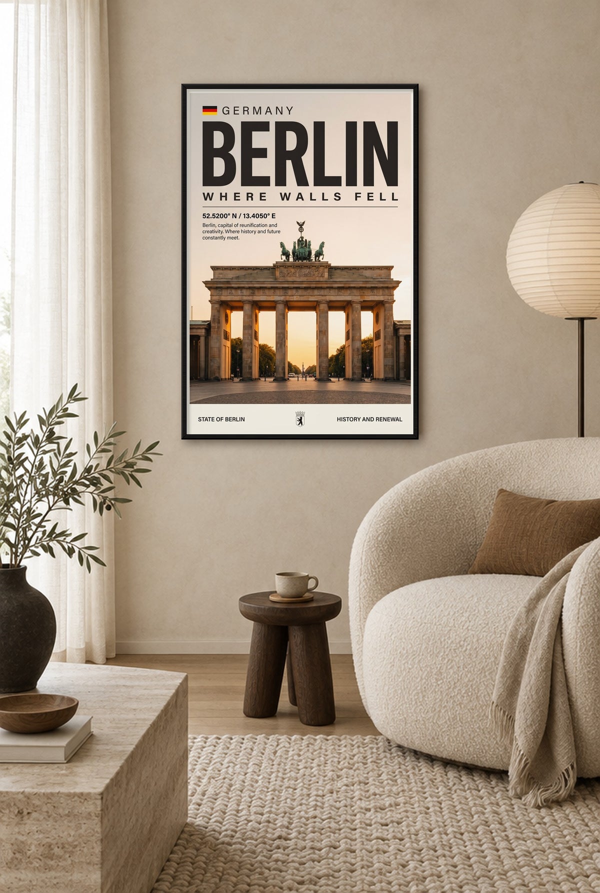 Berlijn Waar Muren Vielen Wandbild mit schwarzem Rahmen an der Wand im Wohnzimmer