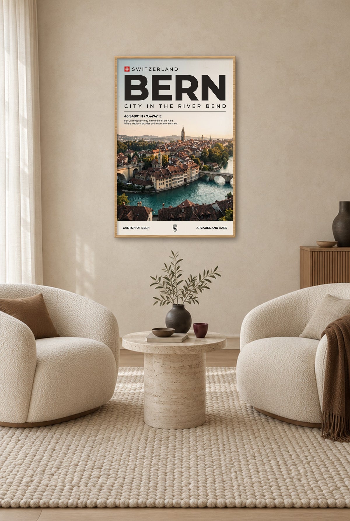 Bern Stad in de Rivierbocht Wandbild mit Naturholzrahmen an der Wand im Wohnzimmer