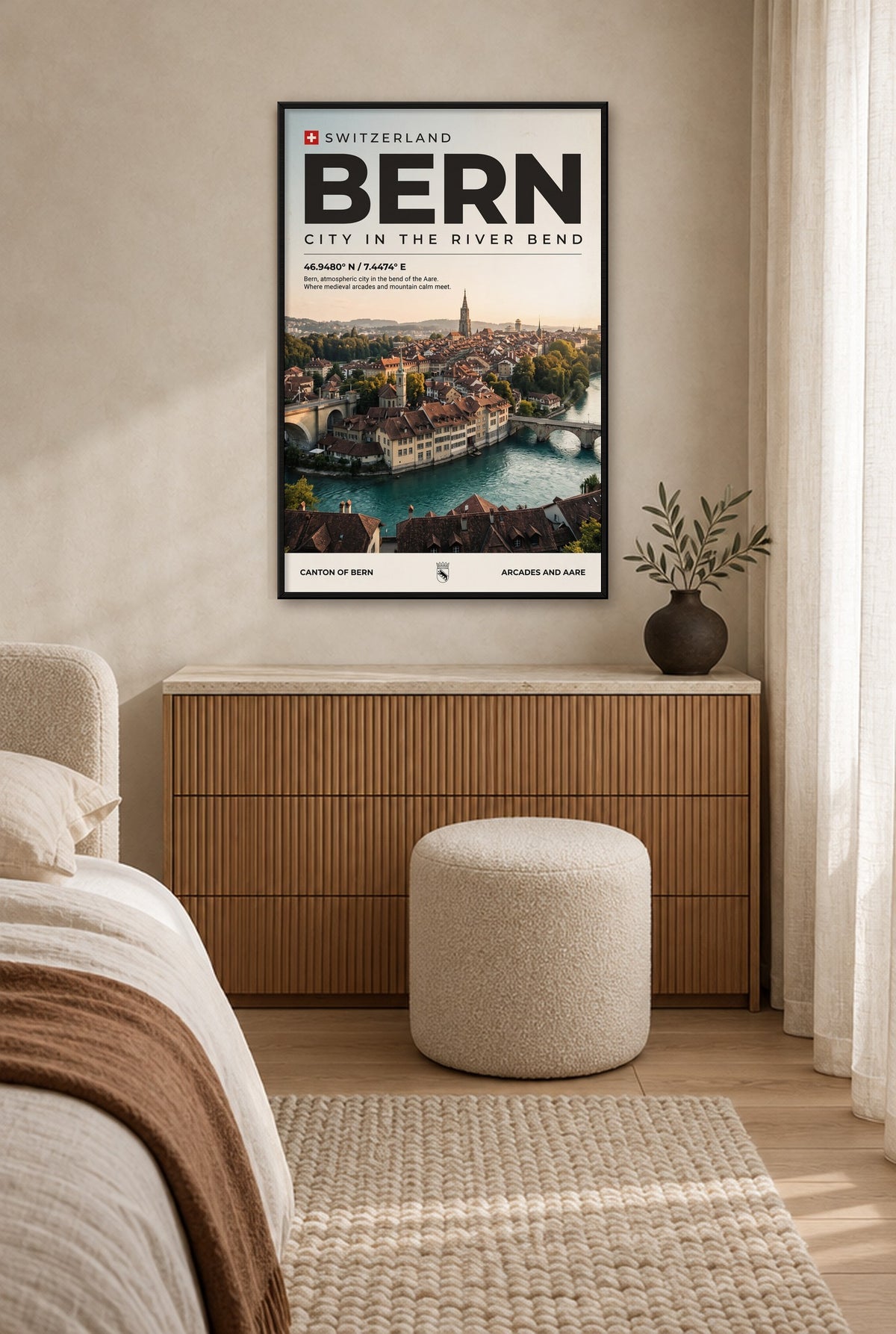 Bern Stad in de Rivierbocht Wandbild mit schwarzem Rahmen an der Wand im Schlafzimmer