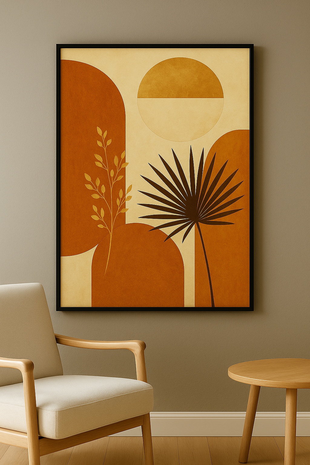 Botanische wanddecoratie in interieur, zwarte lijst