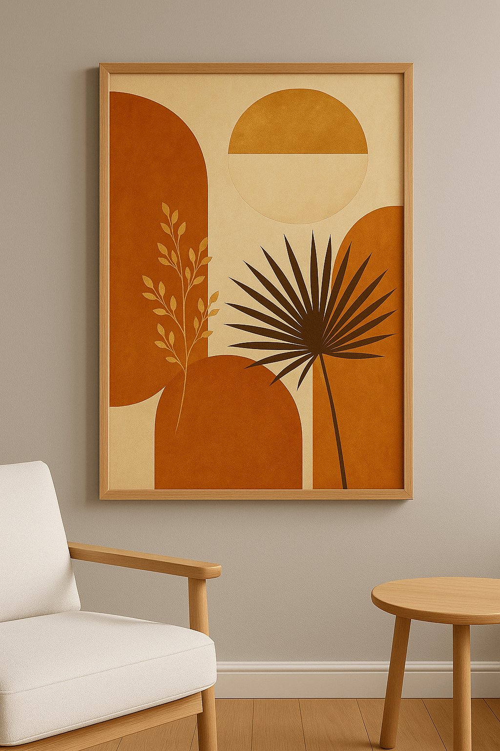 Botanische wanddecoratie in interieur, eikenhouten lijst