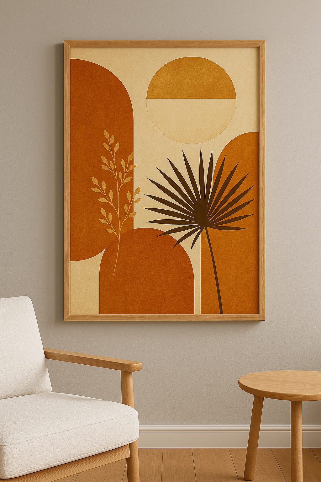 Botanische wanddecoratie in interieur, eikenhouten lijst
