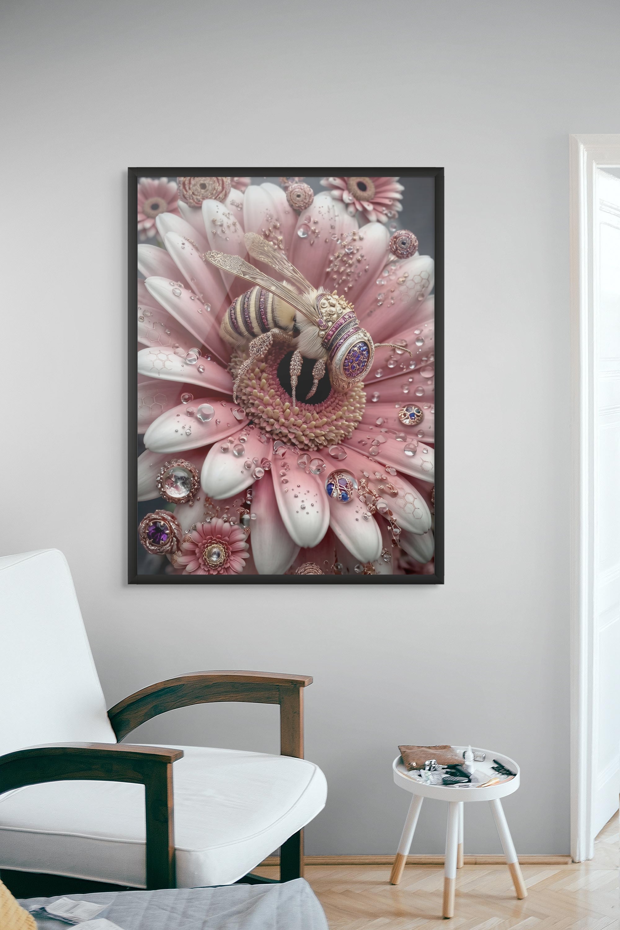 Roze Bij Bloesem Wanddecoratie – Speelse Natuur Canvas Print