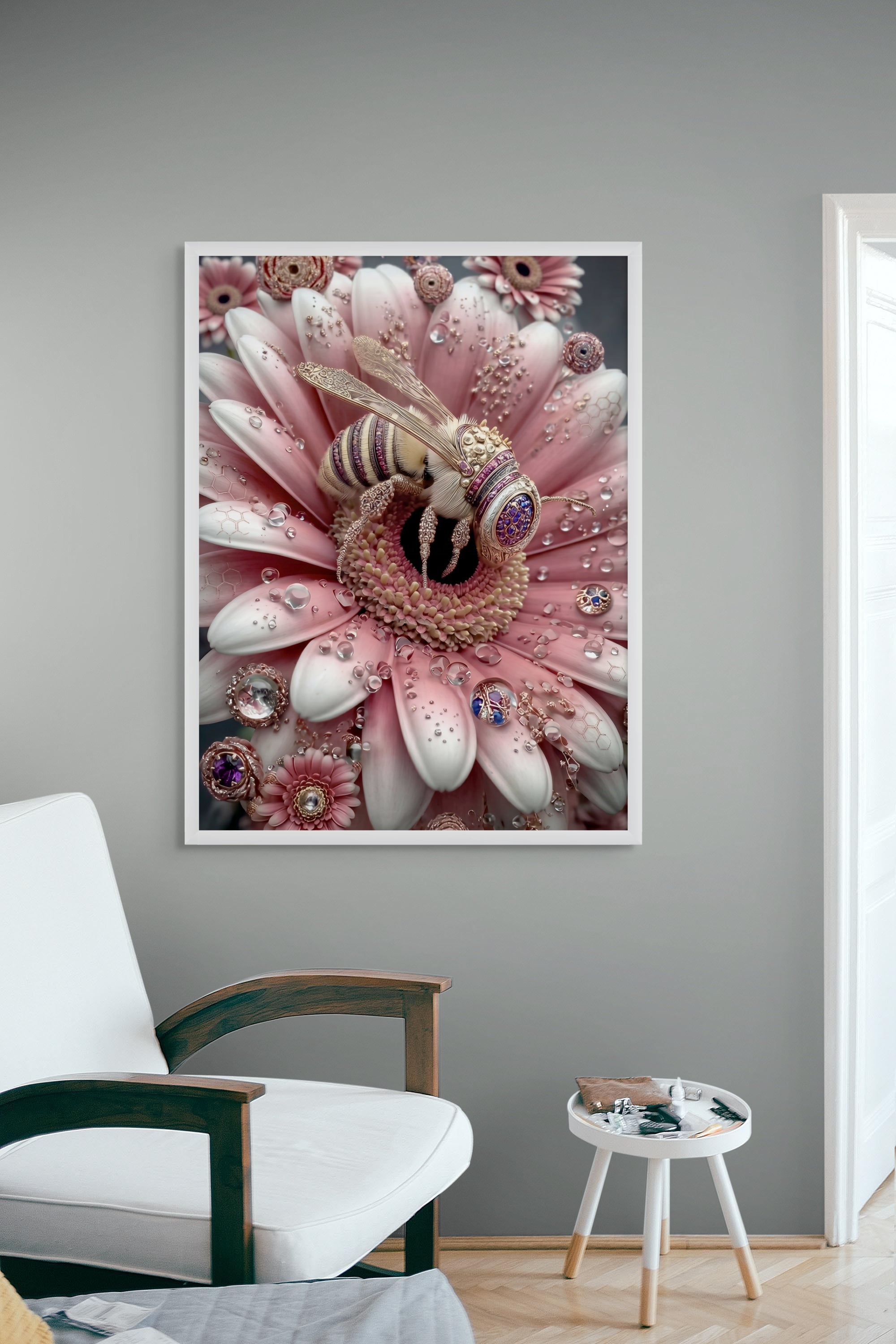 Roze Bij Bloesem Wanddecoratie – Speelse Natuur Canvas Print