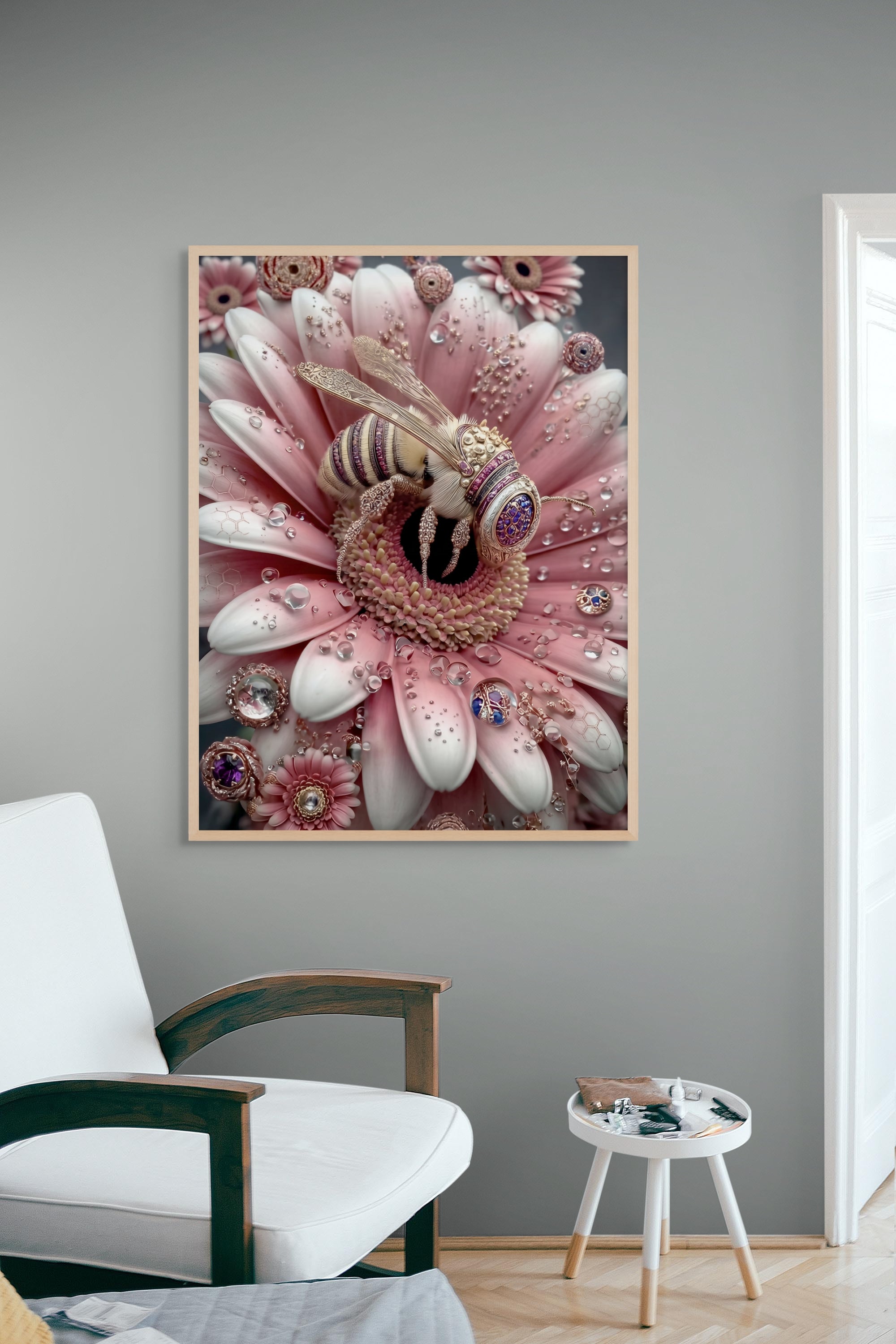 Roze Bij Bloesem Wanddecoratie – Speelse Natuur Canvas Print