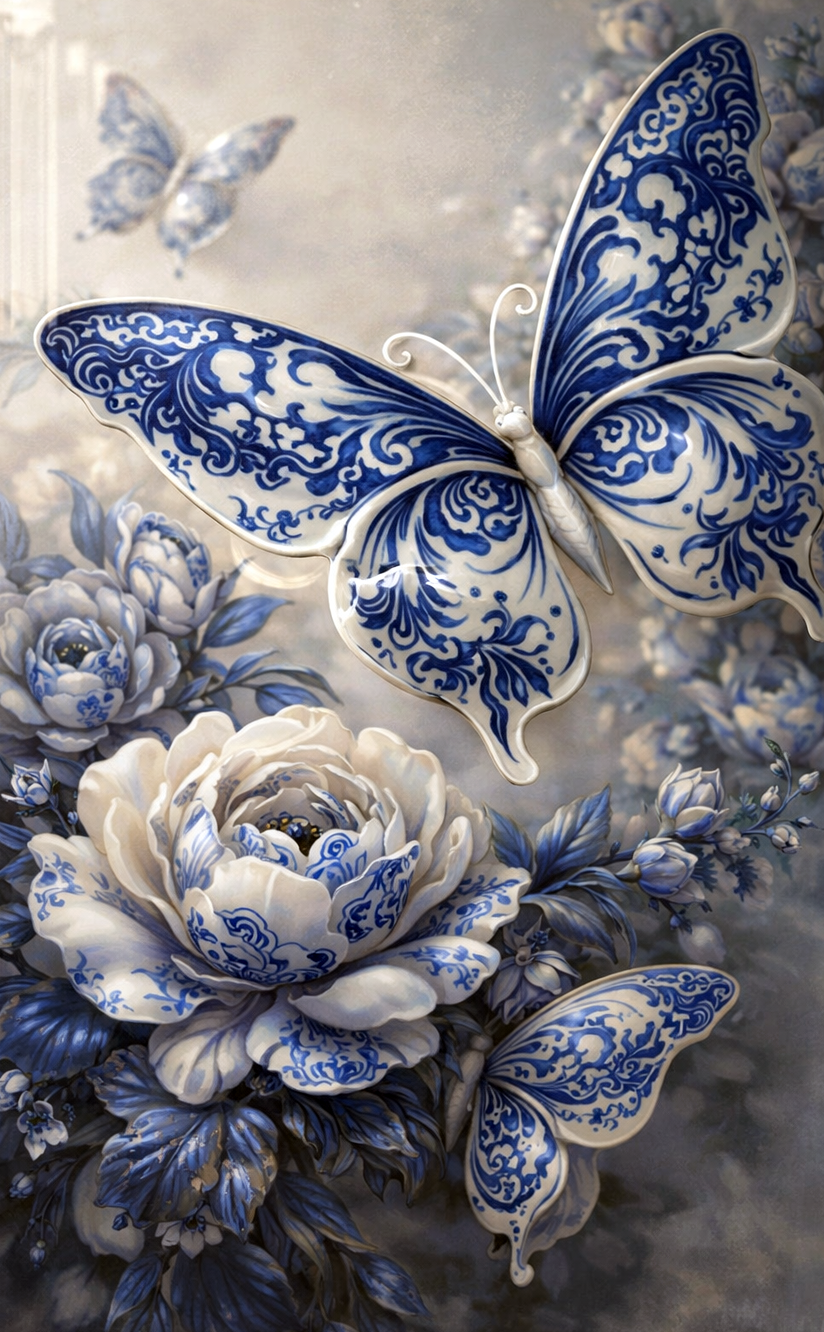 Schilderachtig beeld van blauw-witte porseleinen vlinders tussen sierlijke bloemen in klassieke stijl