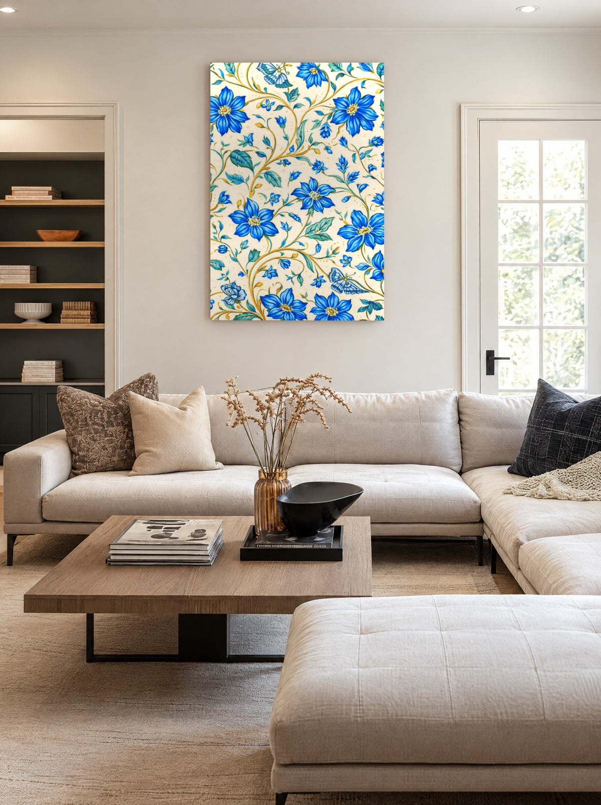 Blauwe Bloemen & Vlinders als canvas zonder lijst aan de muur