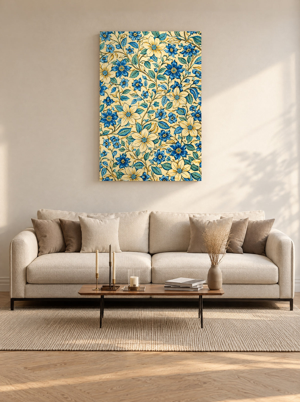 Blauwe Bloemenweelde als canvas zonder lijst aan de muur