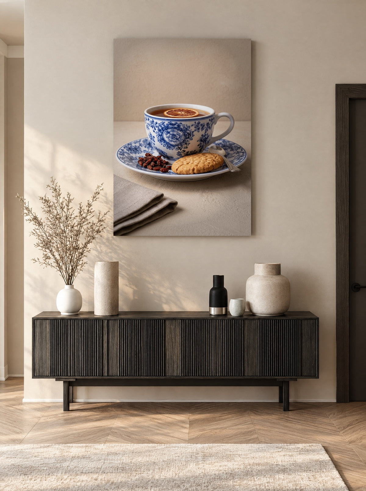 Blauwe Bloemthee Break als canvas zonder lijst aan de muur