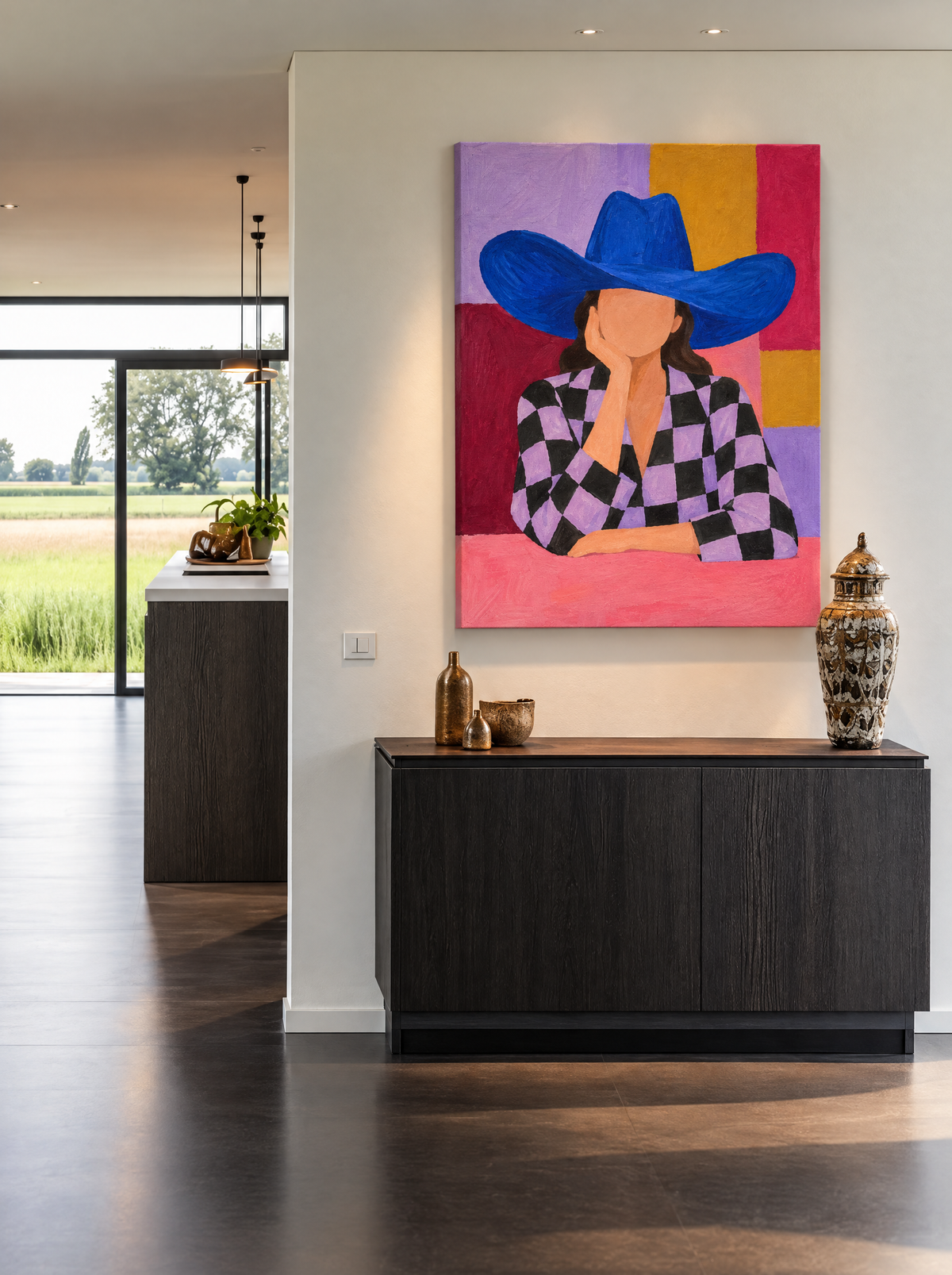 Blauwe Hoed en Ruitjasje als canvas zonder lijst aan de muur