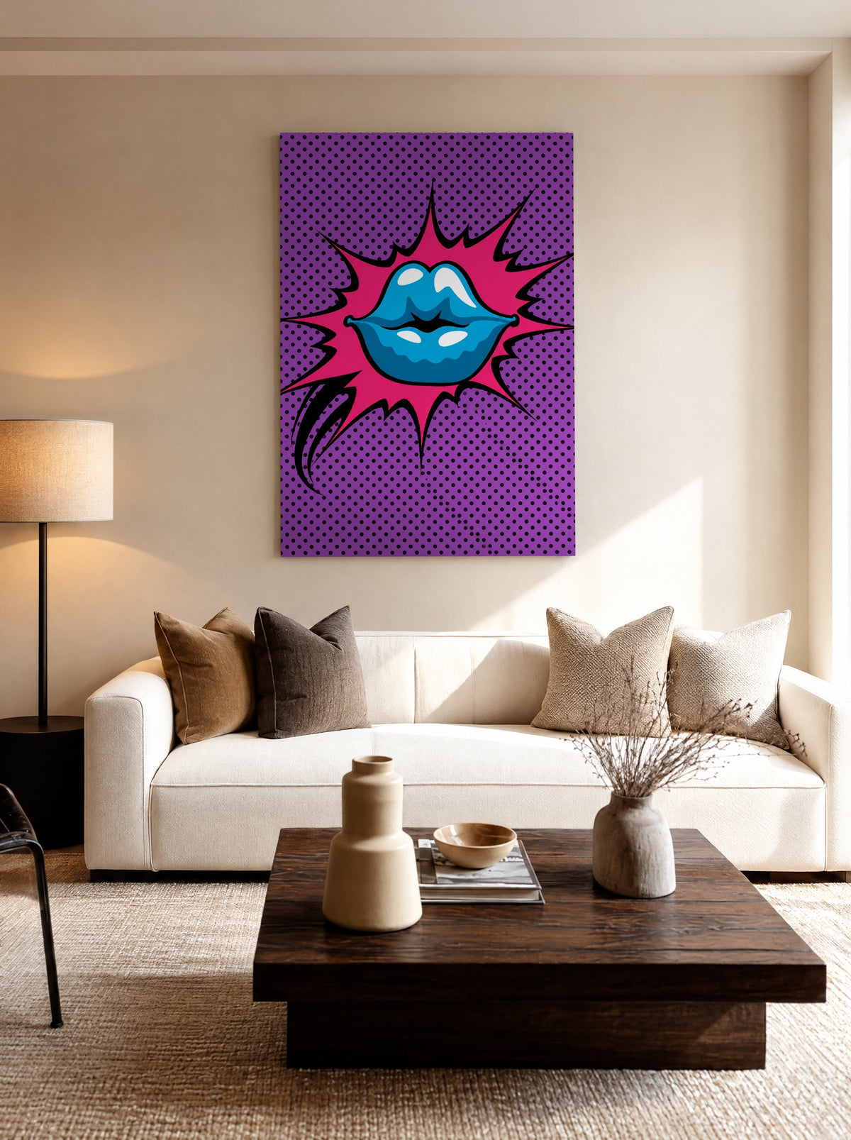 Blauwe Kus op Paars als canvas zonder lijst aan de muur