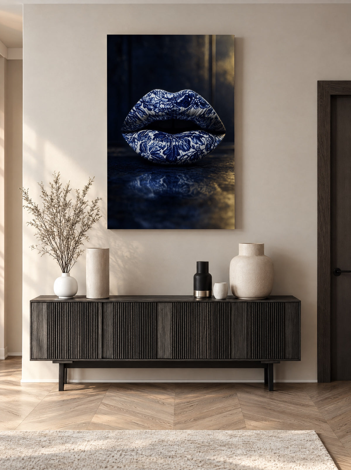 Blauwe Porseleinen Kus als canvas zonder lijst aan de muur
