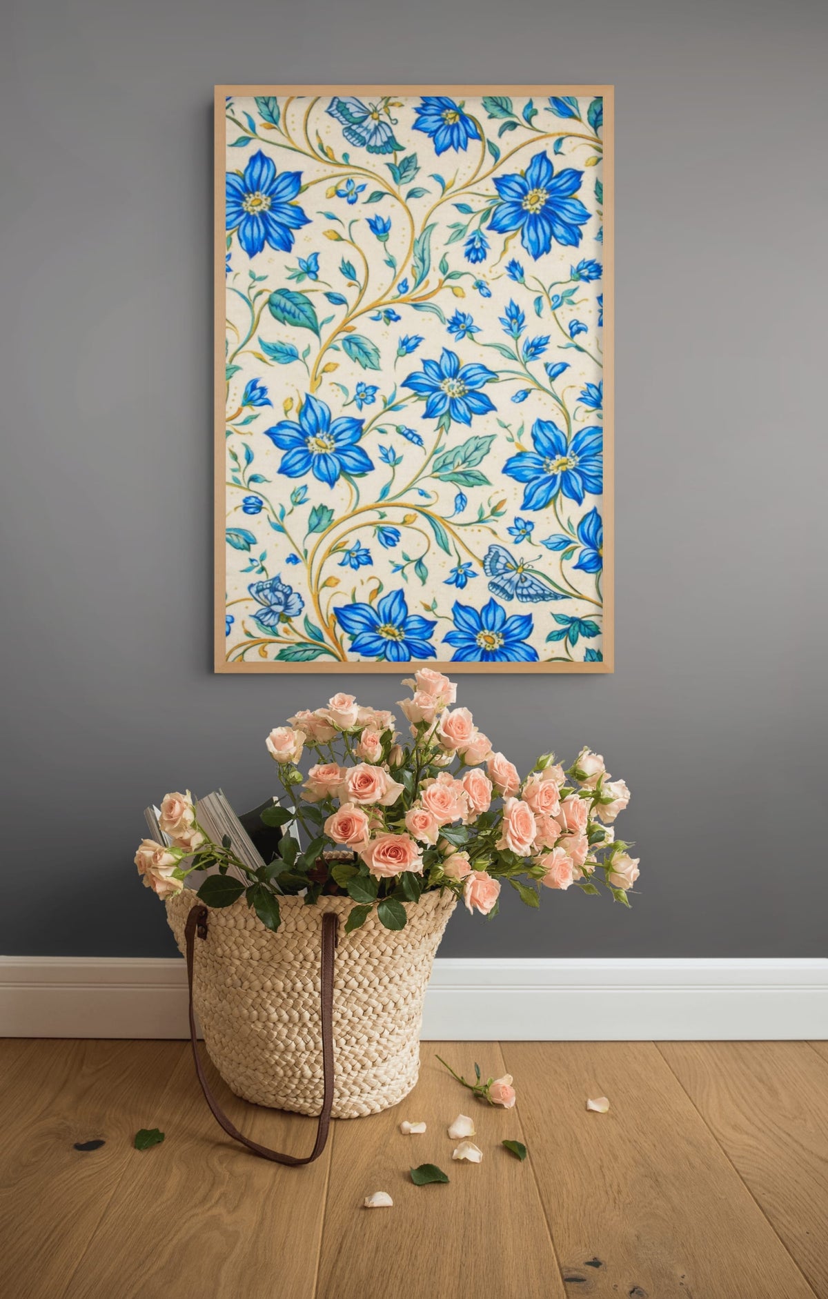 Blauwe Bloemen & Vlinders Schilderij