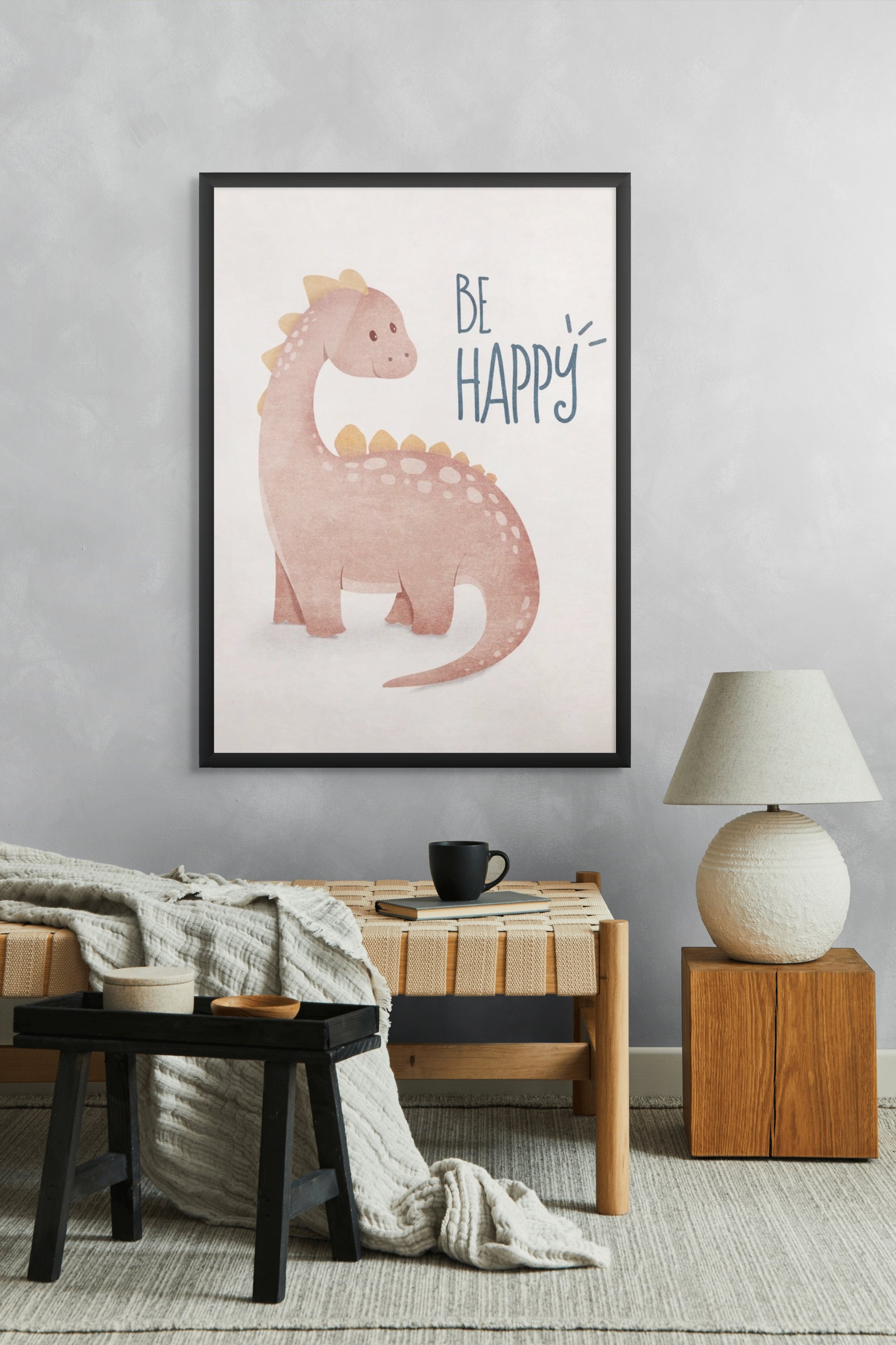 Blije Bronto Knuffelpoot Wanddecoratie – Schattig Dino Kinderkamer Canvas Print