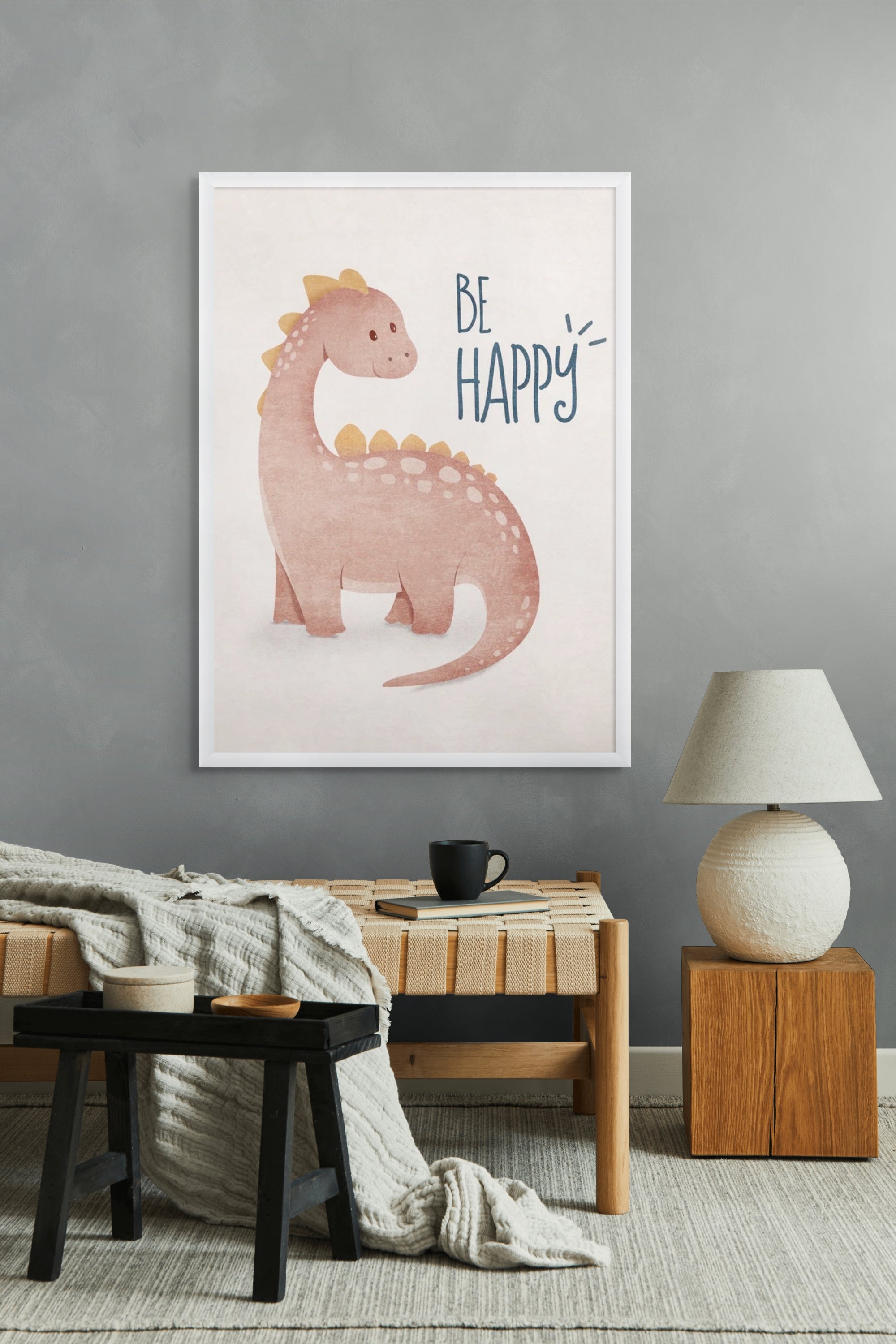 Blije Bronto Knuffelpoot Wanddecoratie – Schattig Dino Kinderkamer Canvas Print