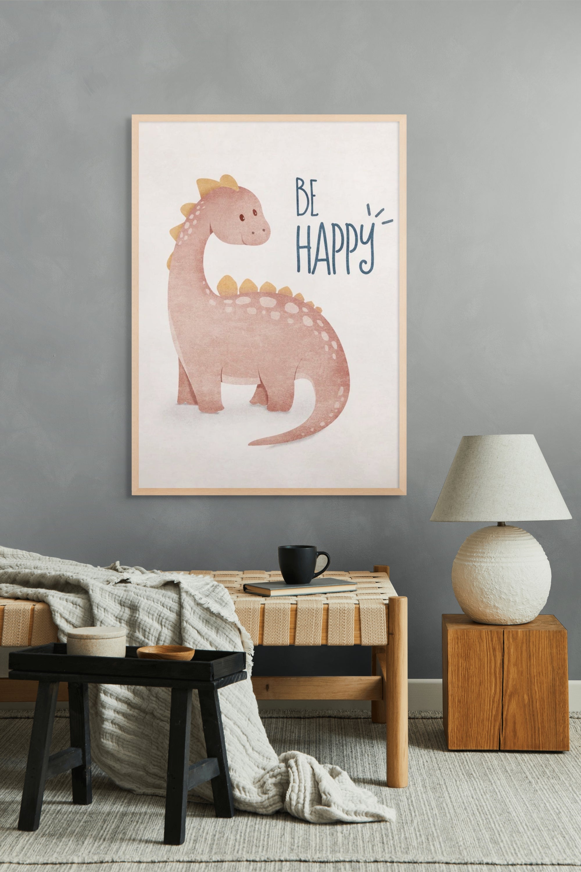 Blije Bronto Knuffelpoot Wanddecoratie – Schattig Dino Kinderkamer Canvas Print