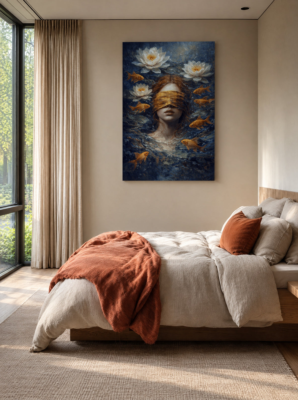 Blind in Blauwte als canvas zonder lijst aan de muur