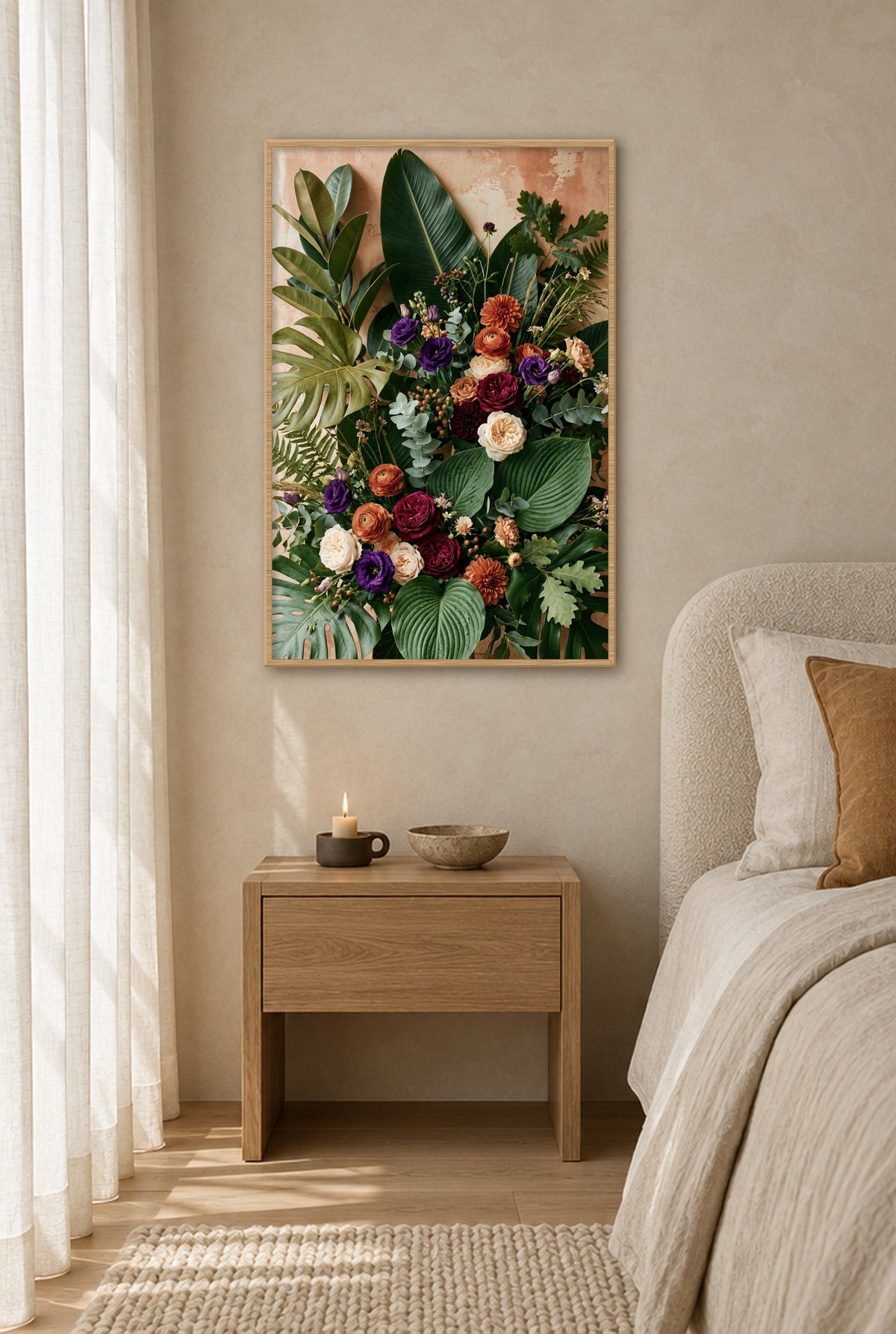 Bloei en Blad wall art with natural wood frame on the wall in the bedroom
