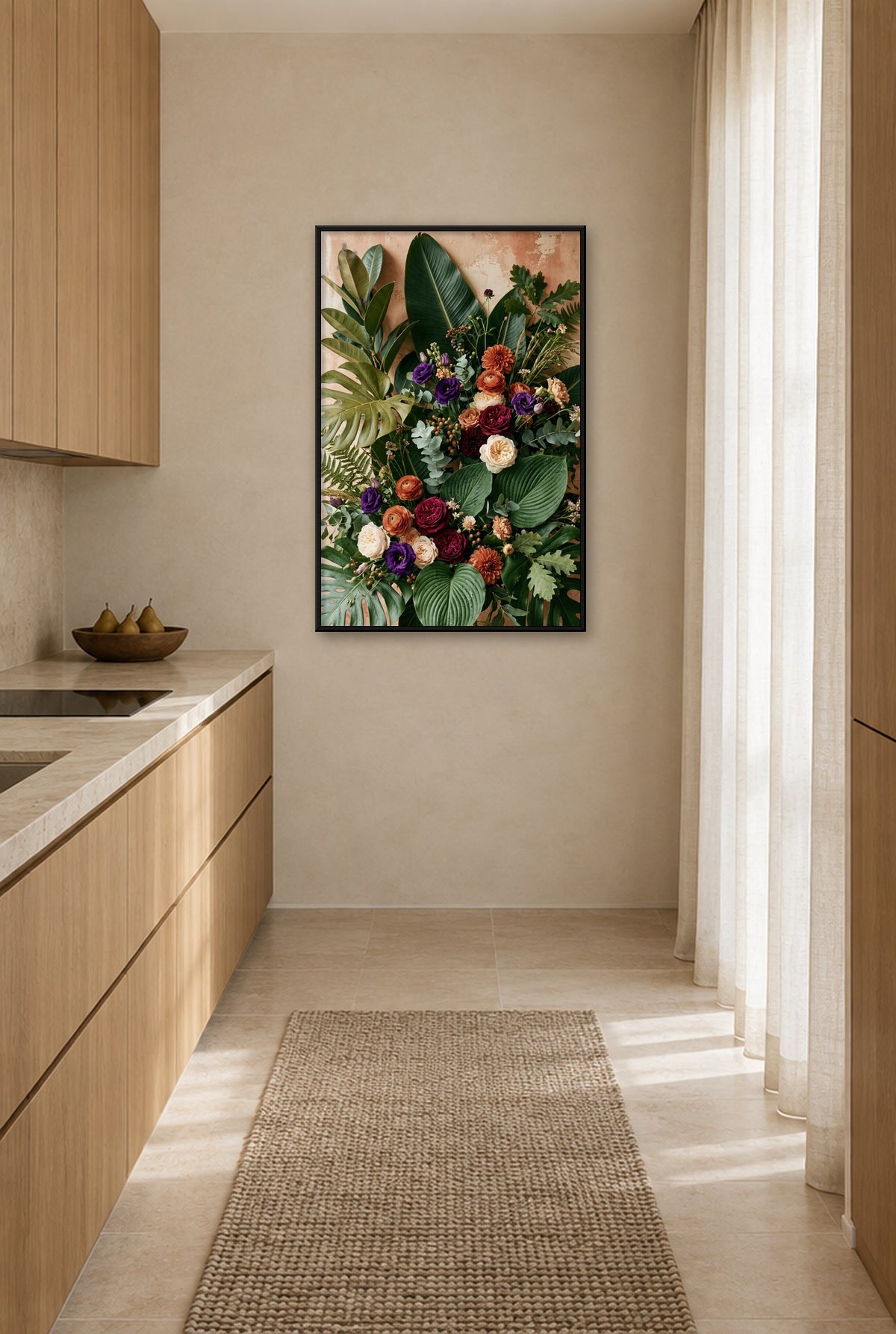 Bloei en Blad wall art with black frame on the wall in the kitchen