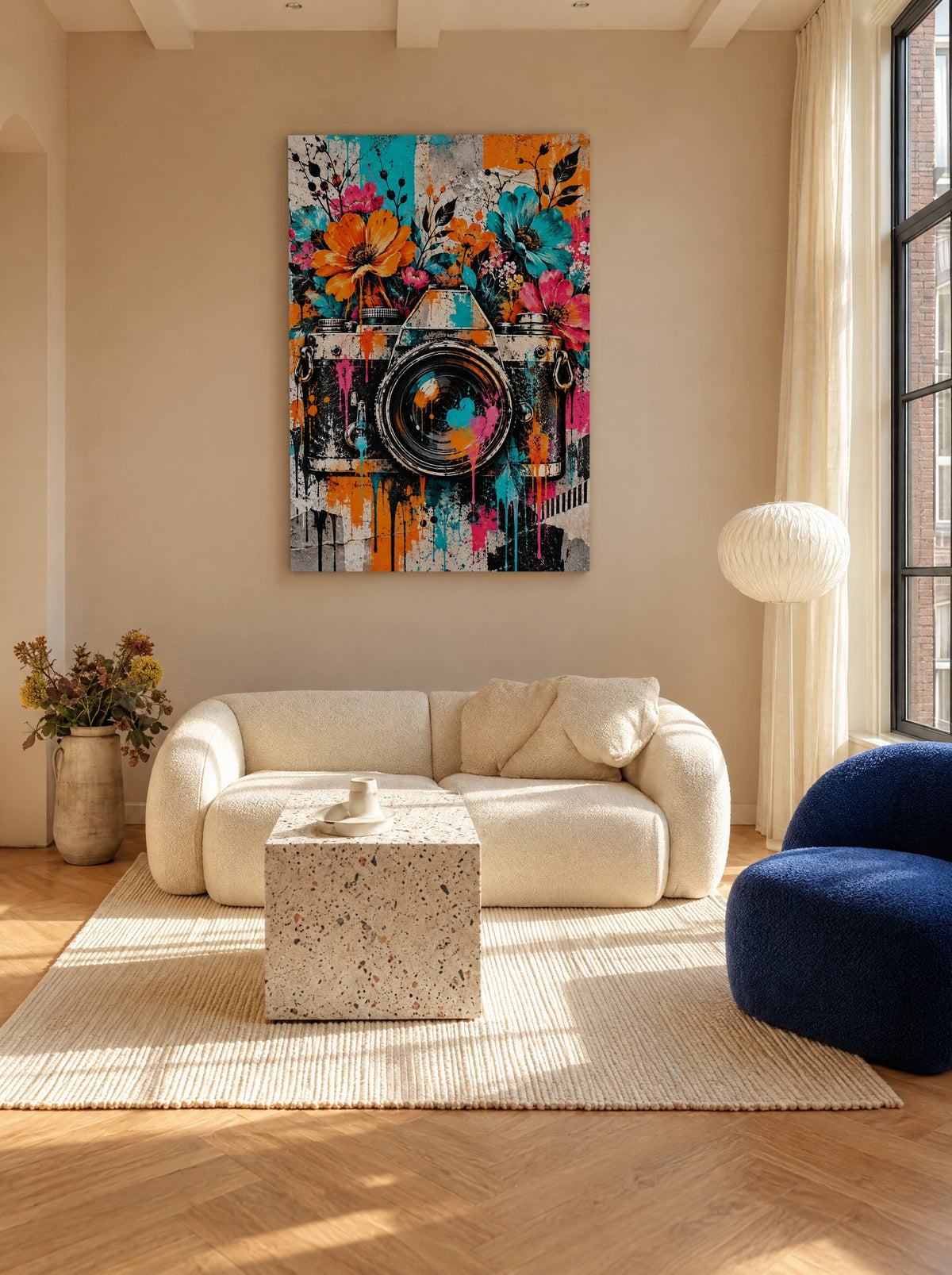 Bloeiende Camera Streetart als canvas zonder lijst aan de muur