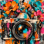 Bloeiende Camera Streetart: een oude spiegelreflexcamera barst open in een boeket van oranje, roze en blauwe bloemen