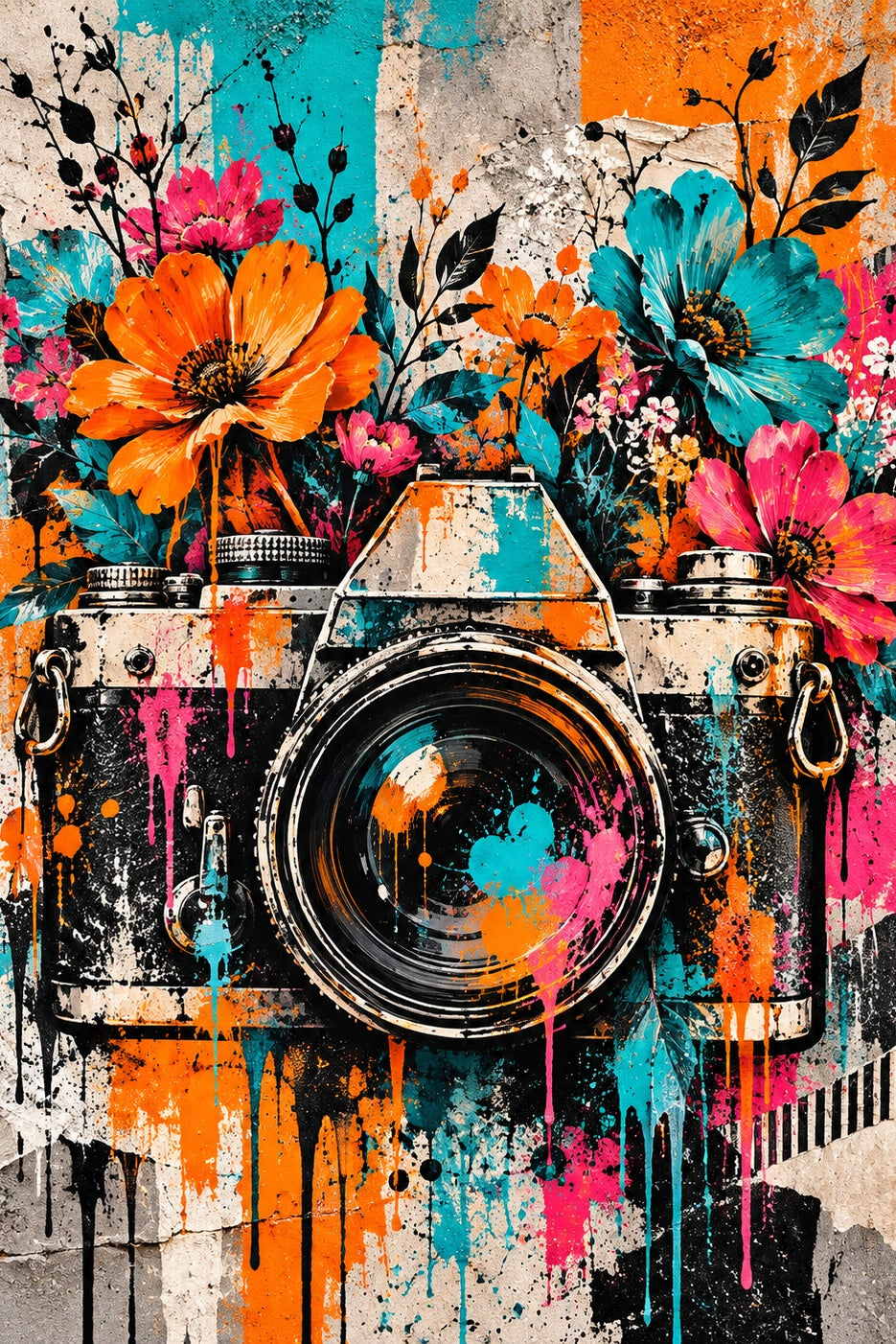 Bloeiende Camera Streetart: een oude spiegelreflexcamera barst open in een boeket van oranje, roze en blauwe bloemen